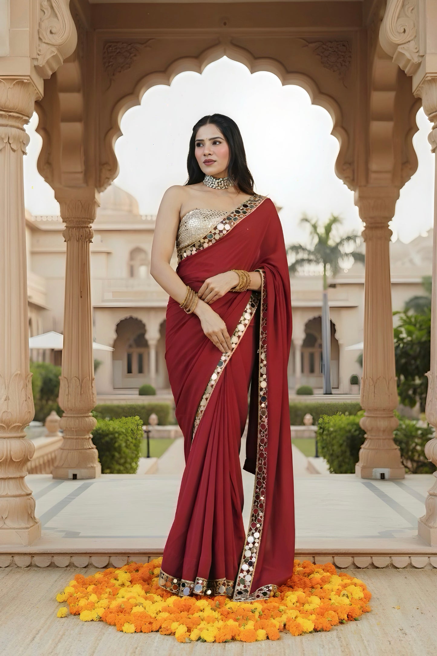Cherry Red Stitched Saree with Mirror Detailing