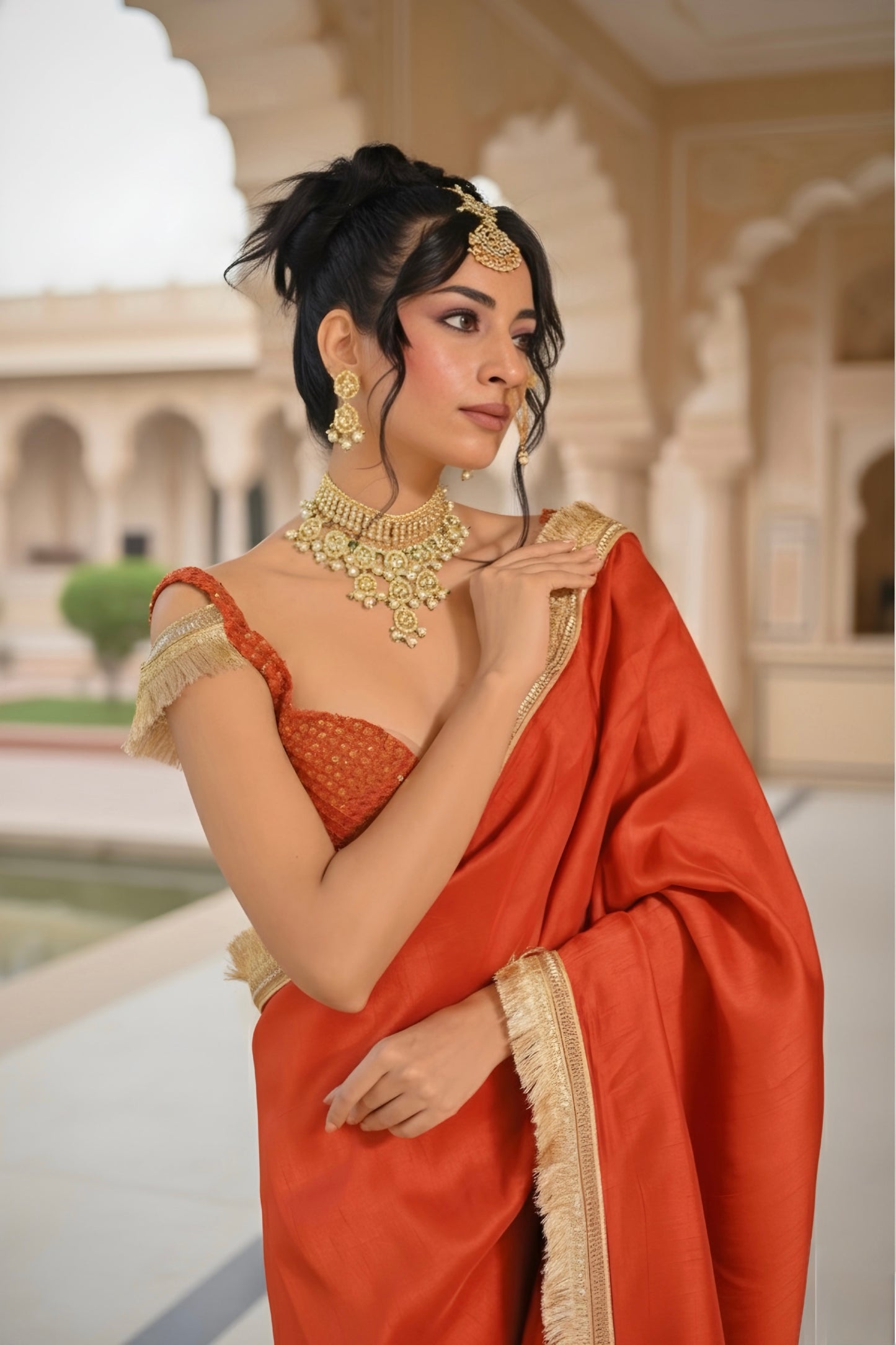 Ruhani Rust Orange Raw Silk Stitched Saree