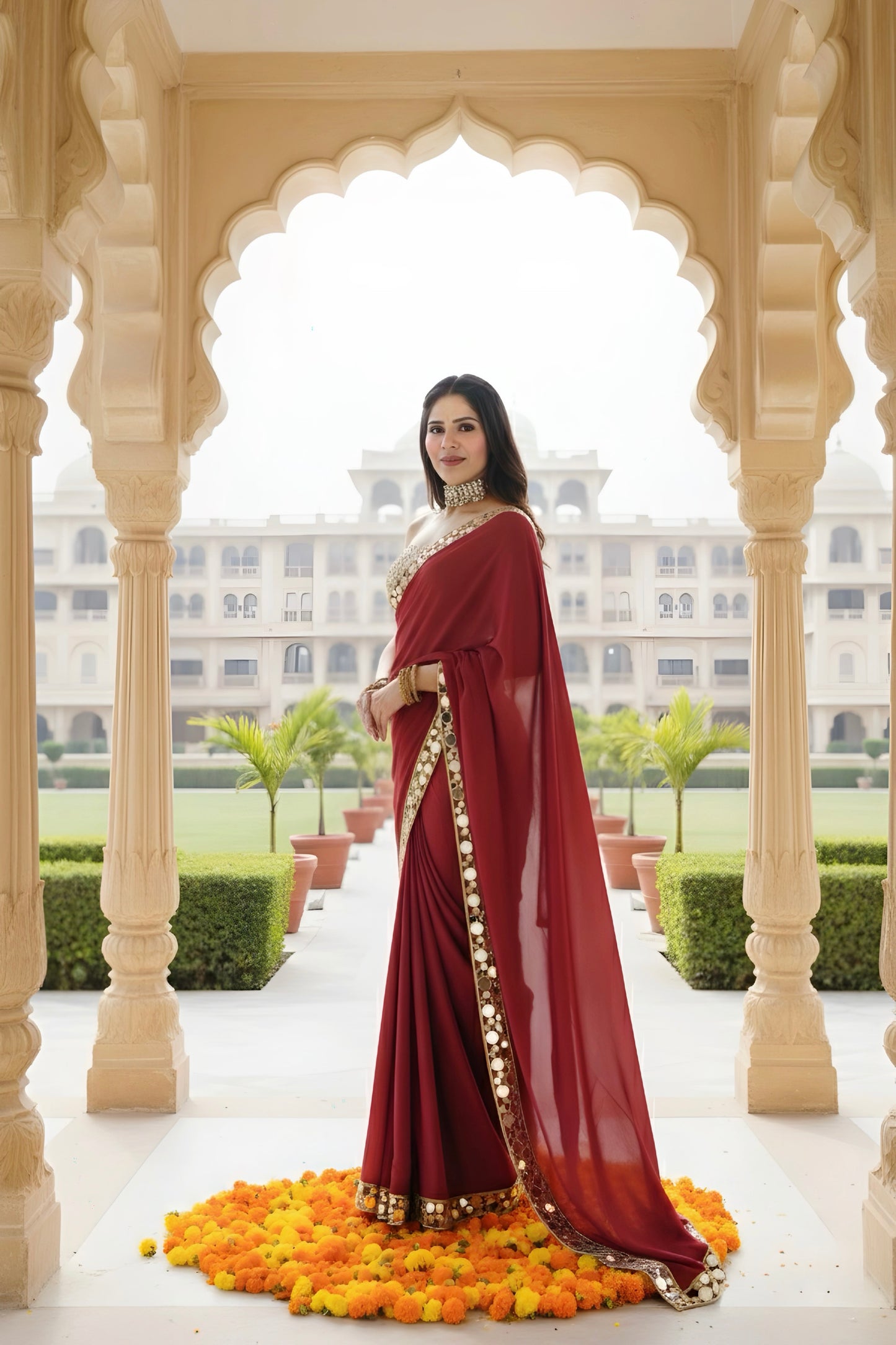 Cherry Red Stitched Saree with Mirror Detailing