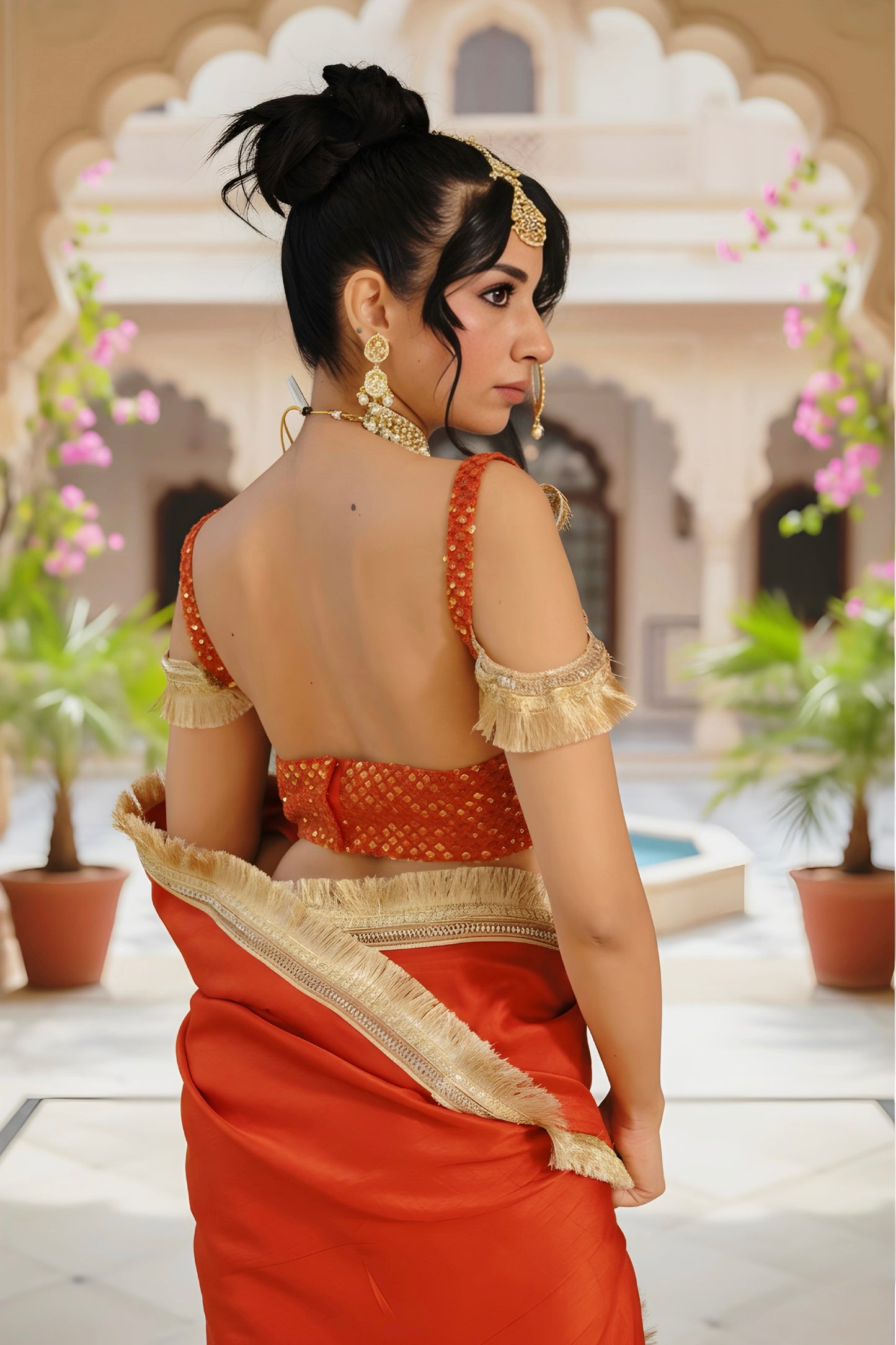 Ruhani Rust Orange Raw Silk Stitched Saree