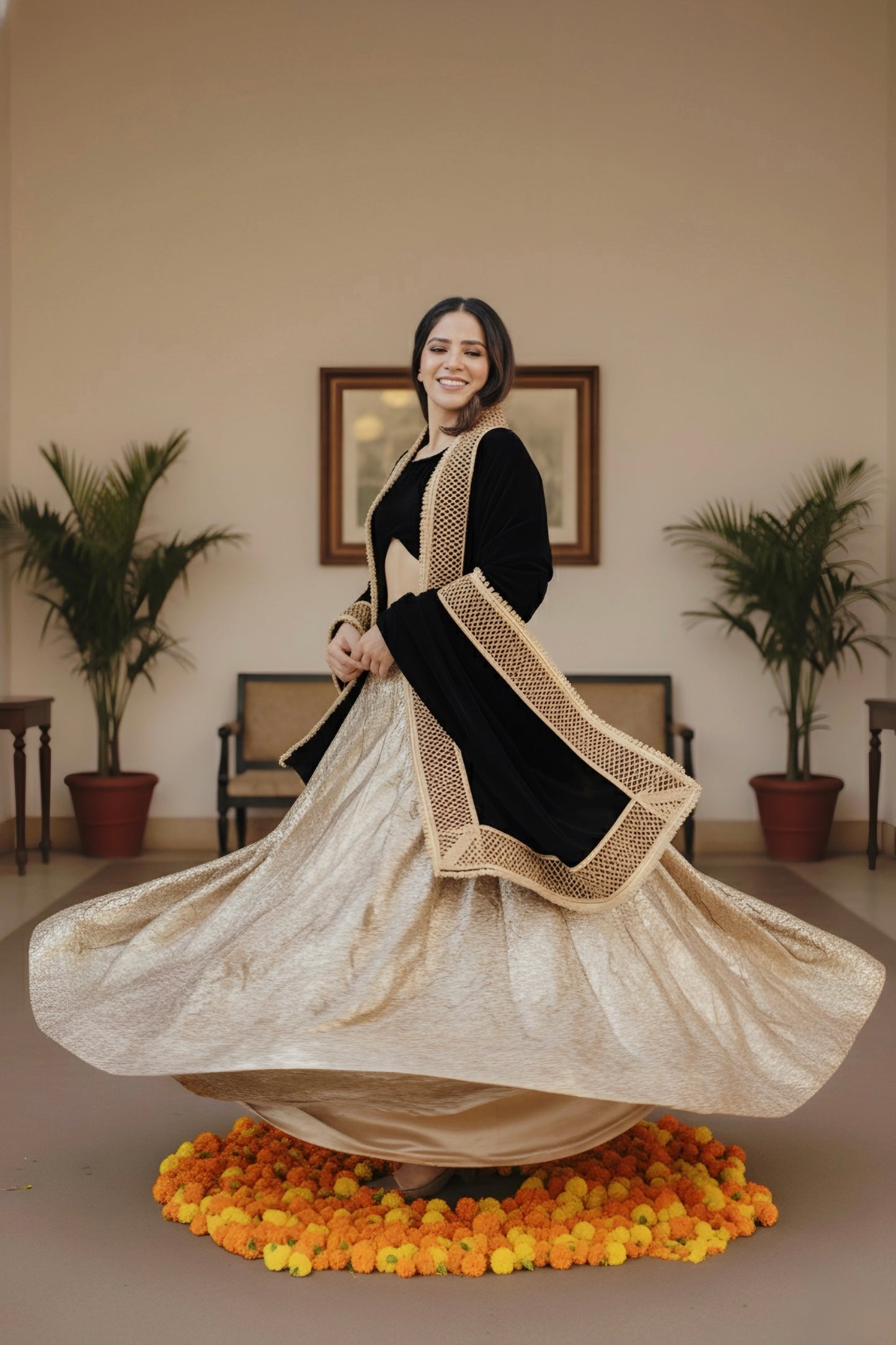 Zeenat Crush Golden Lengha Set