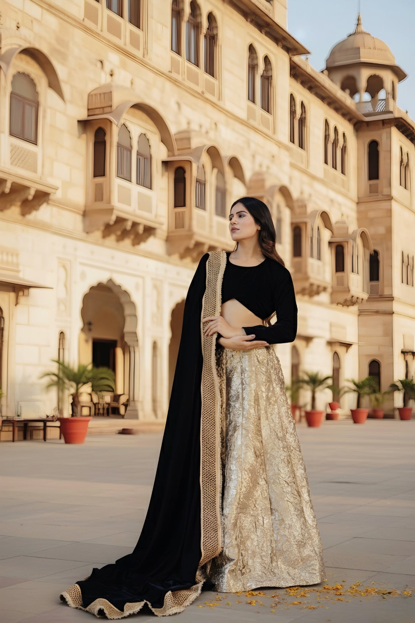 Zeenat Crush Golden Lengha Set