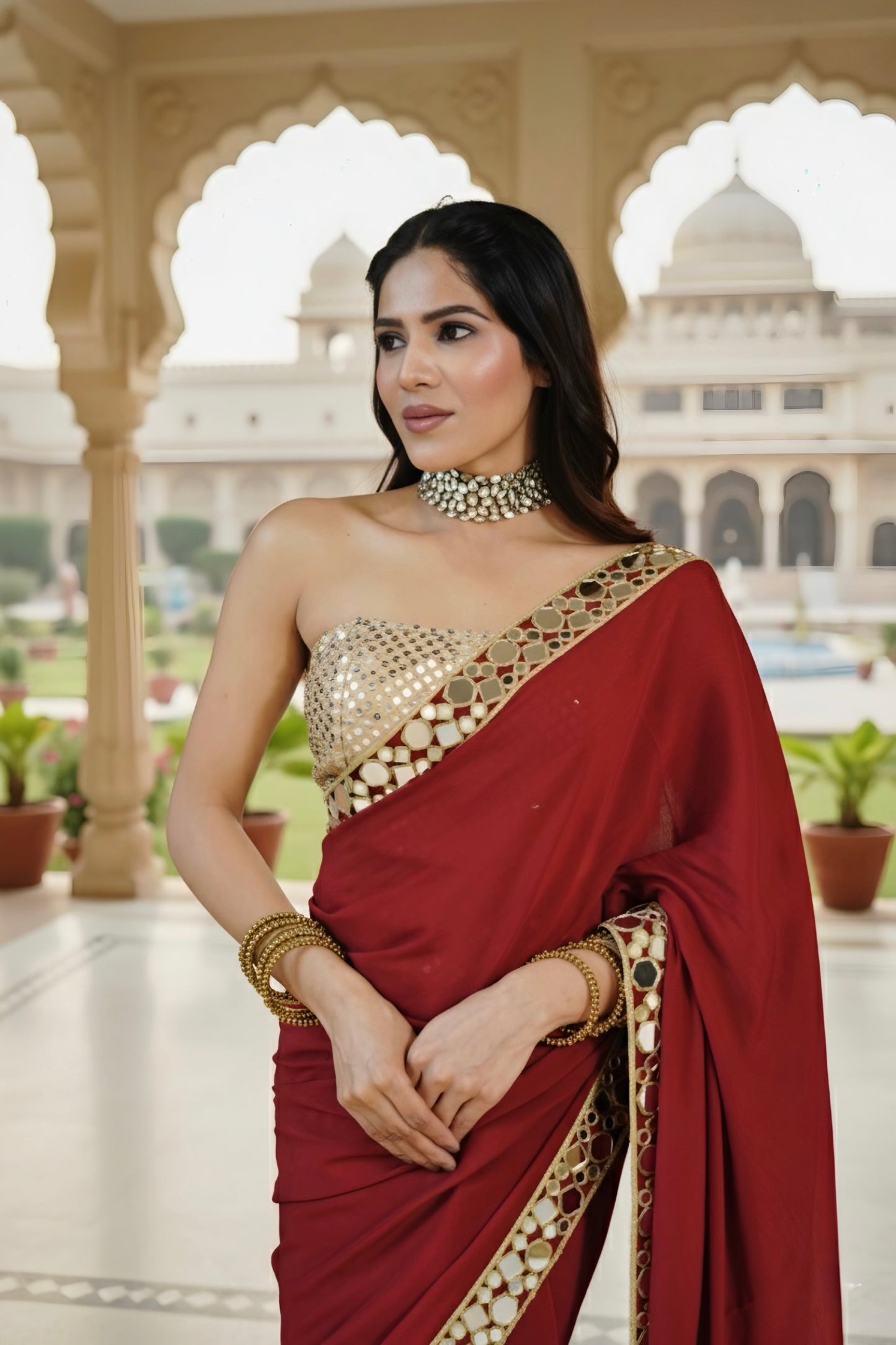 Cherry Red Stitched Saree with Mirror Detailing