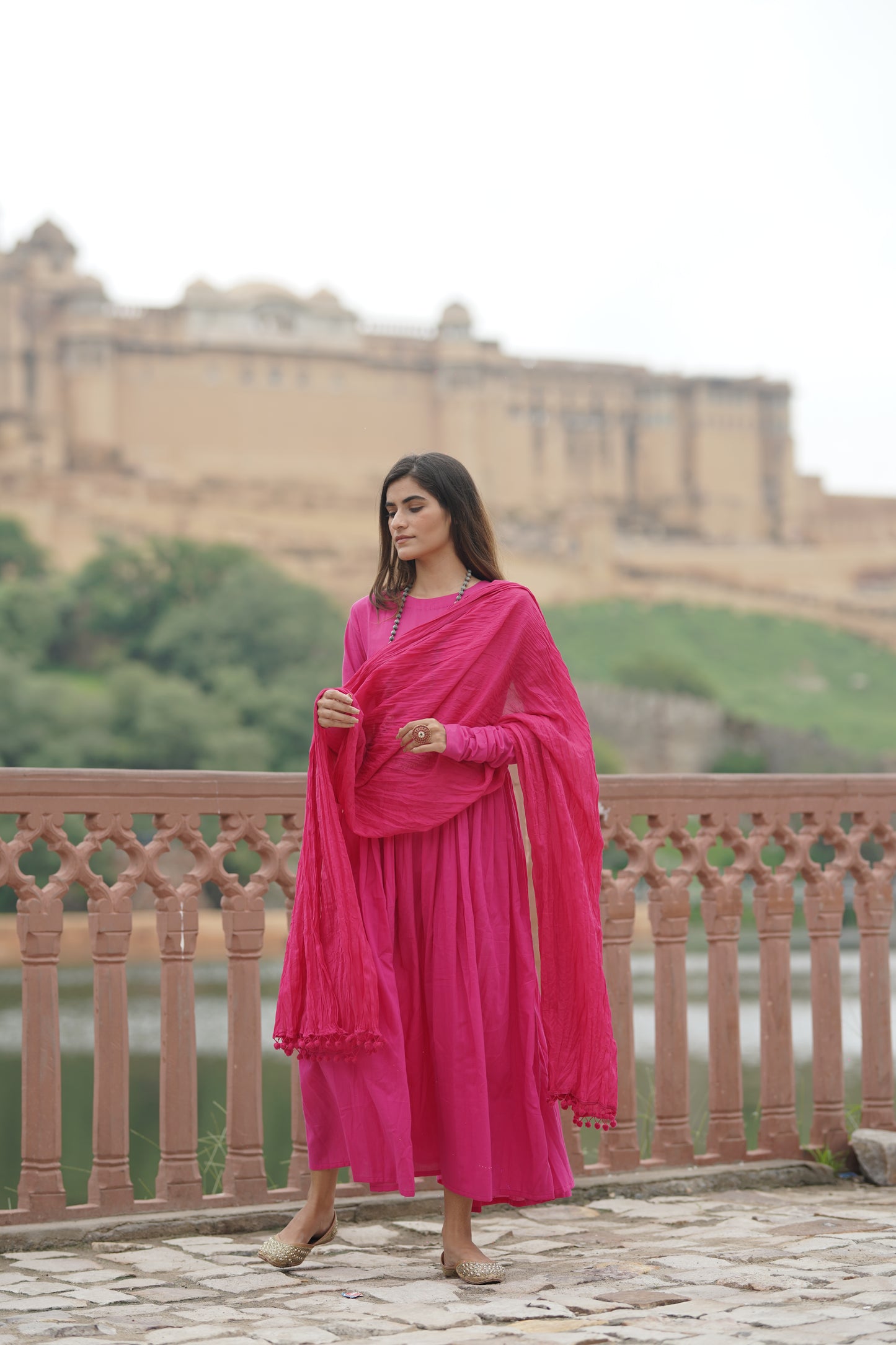 Rani Pink crushed anarkali suit set