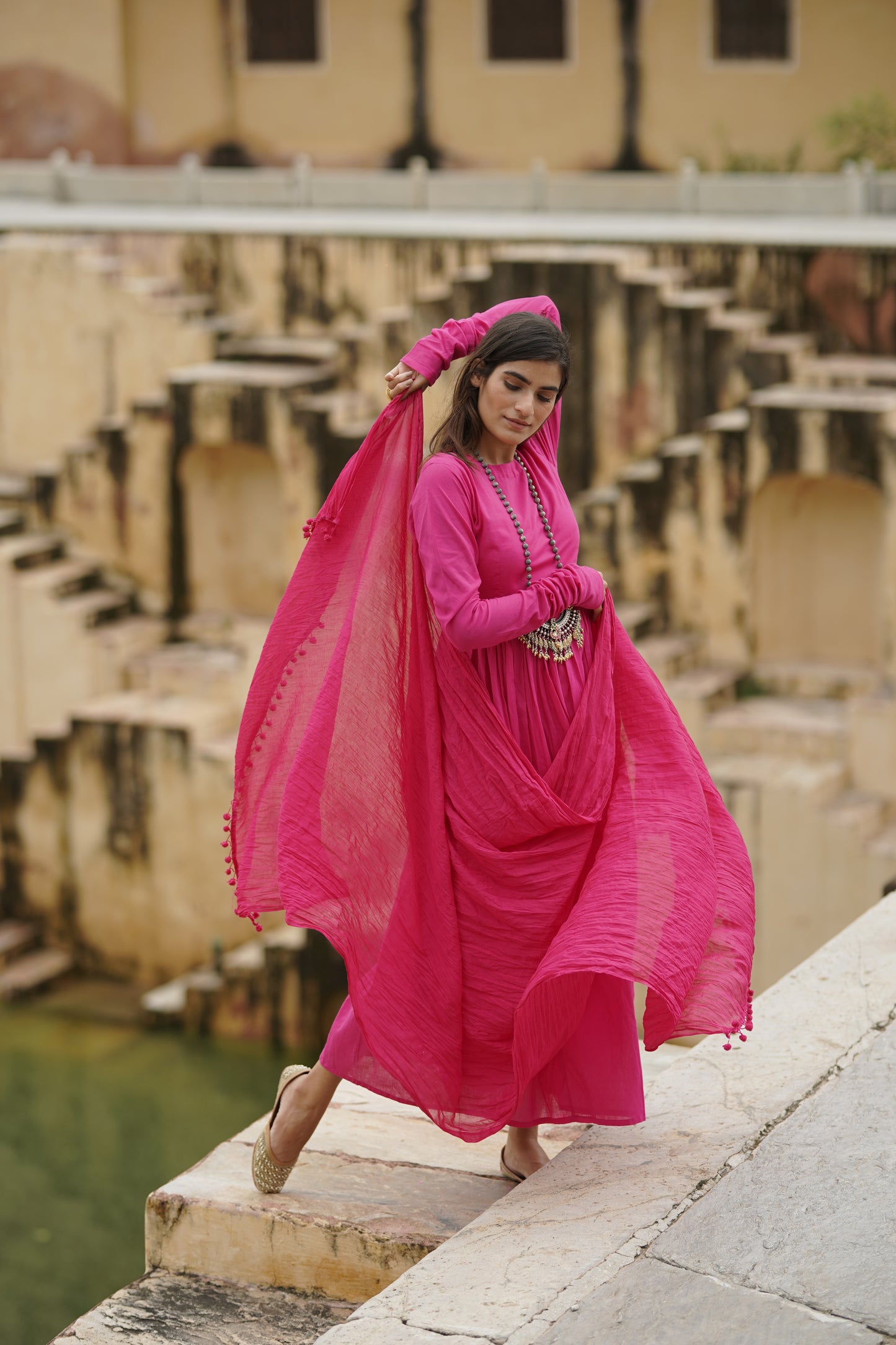Rani Pink crushed anarkali suit set