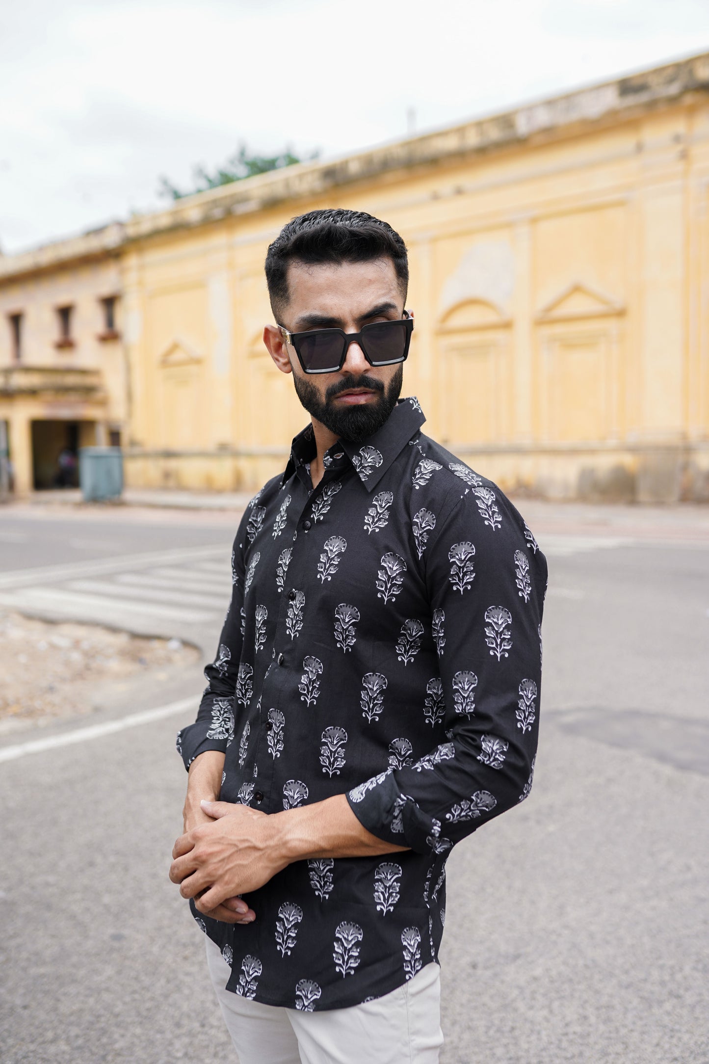Black Hand Block Printed Mens shirt