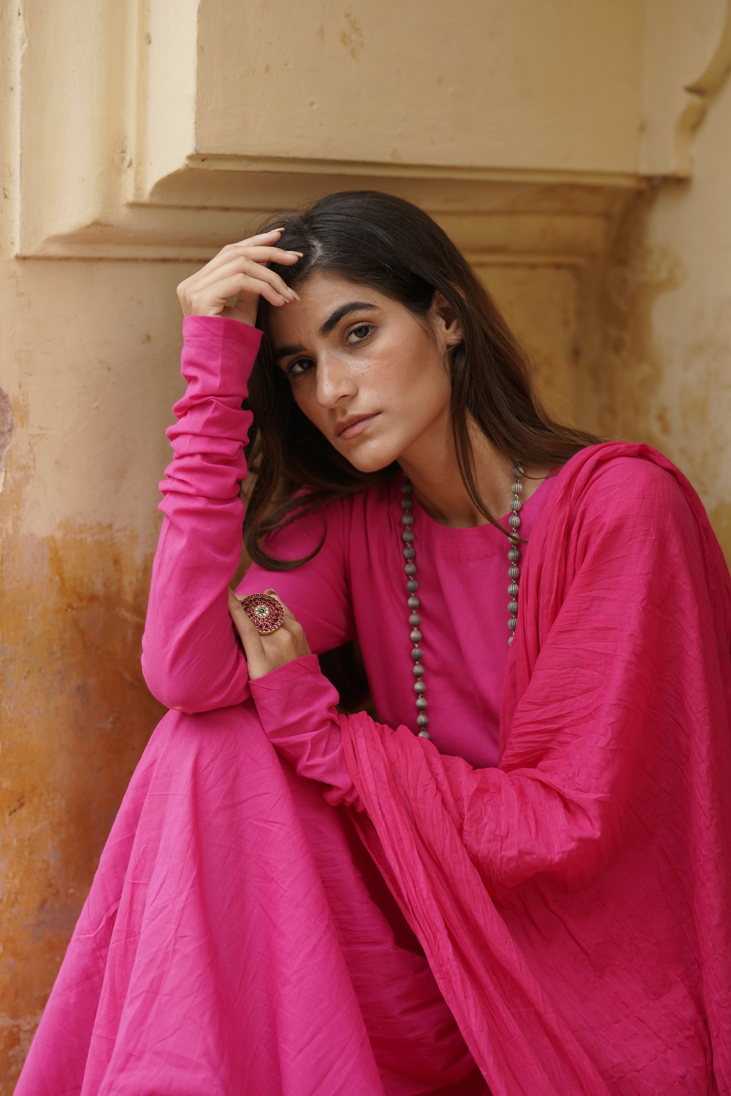 Rani Pink crushed anarkali suit set