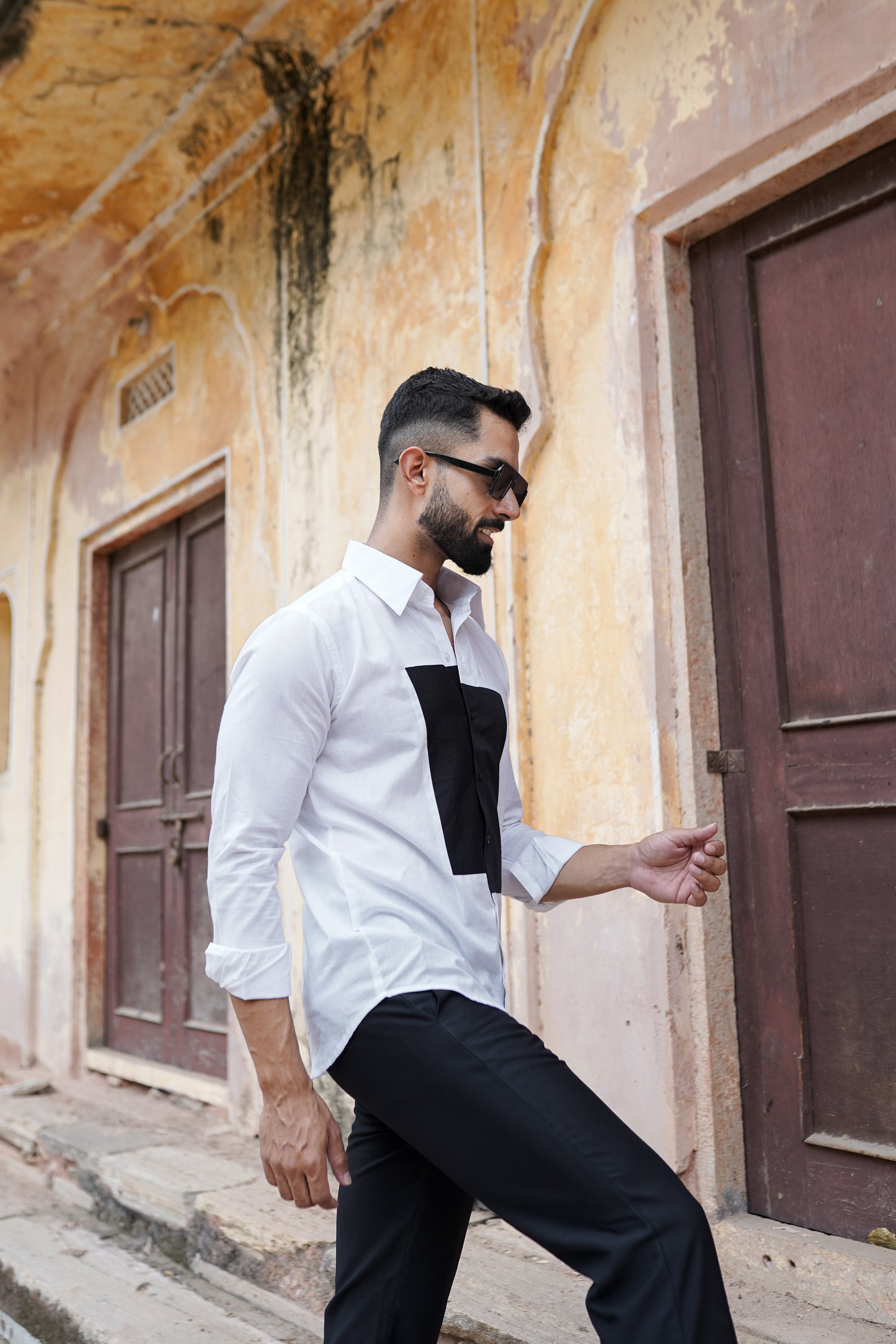 Black Patch work On White Mens Shirt