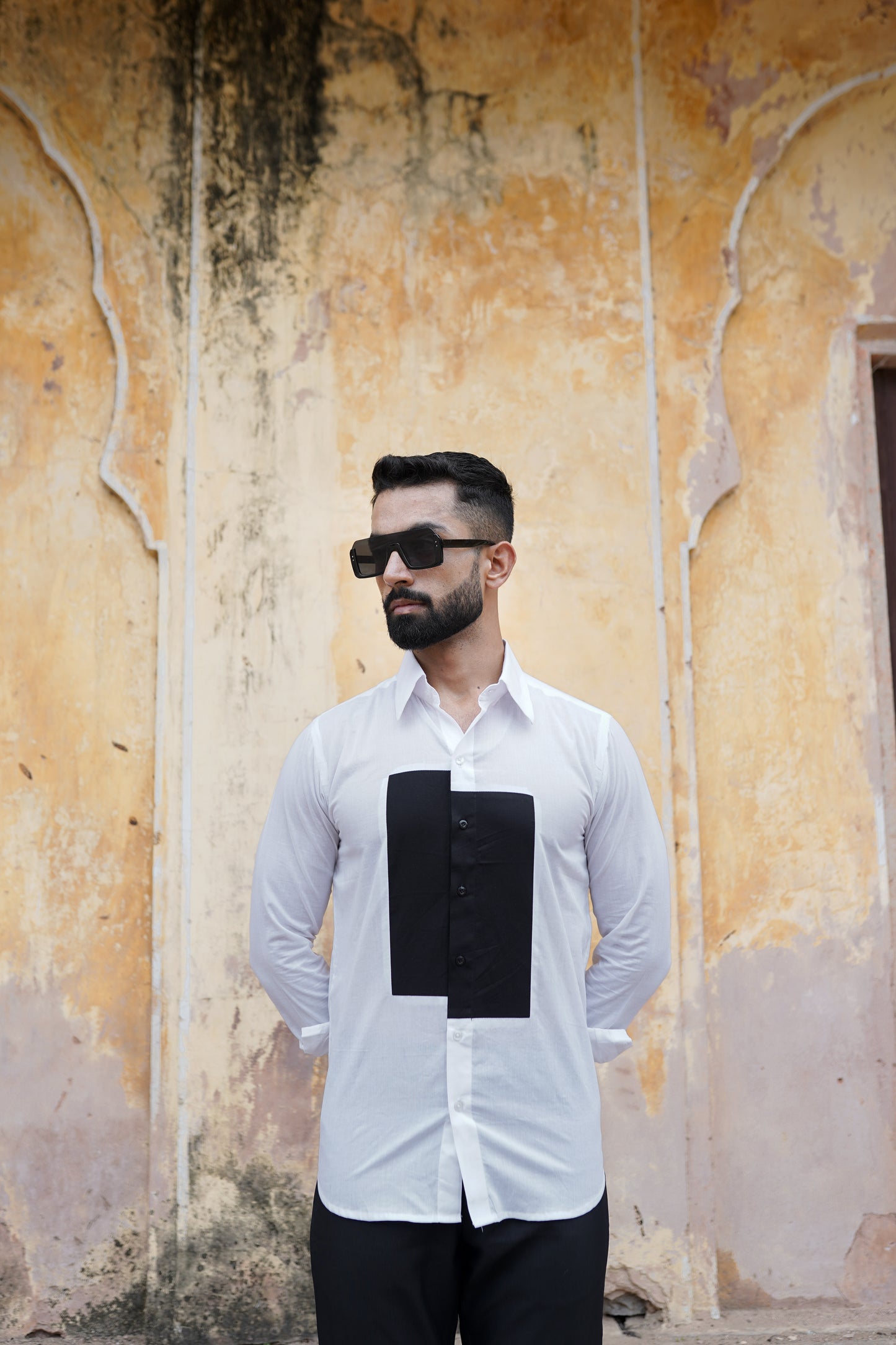 Black Patch work On White Mens Shirt