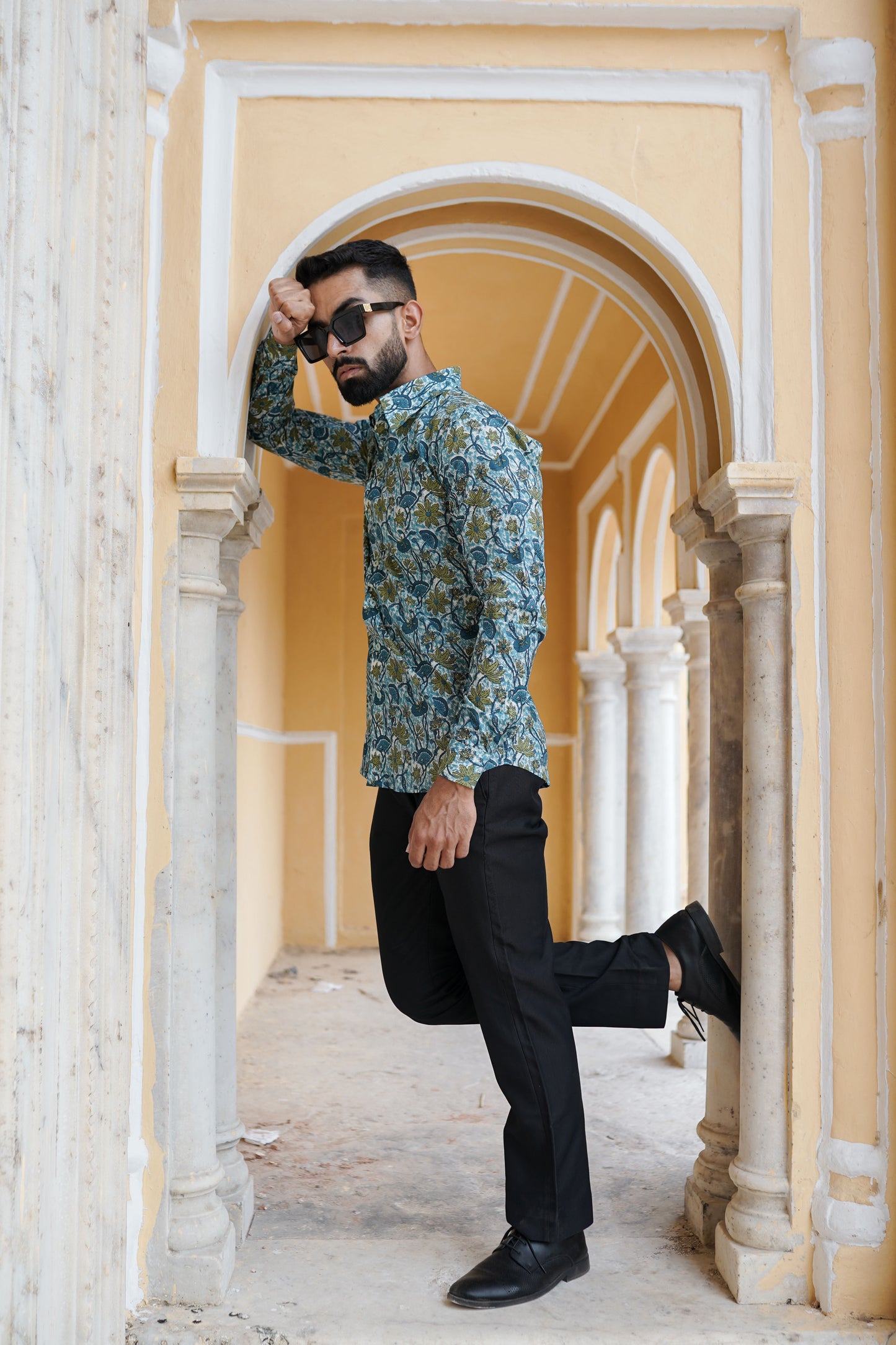 Green - blue Block Printed mens shirt