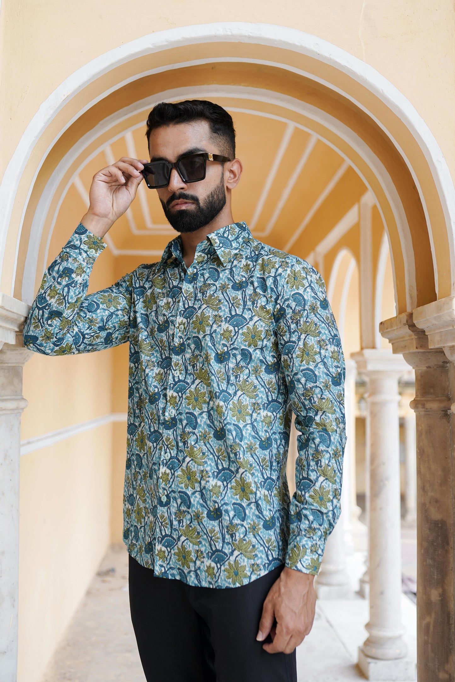 Green - blue Block Printed mens shirt