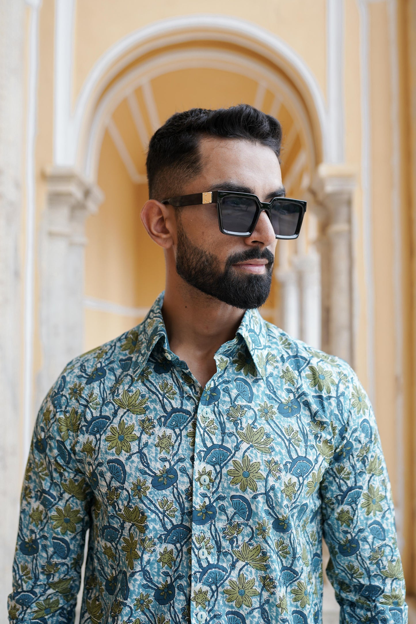 Green - blue Block Printed mens shirt