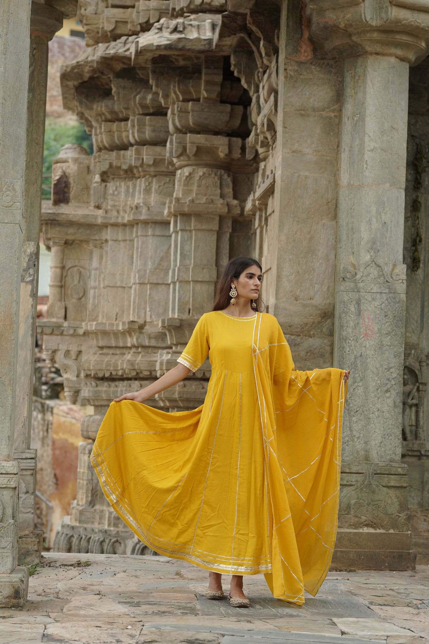 Temple Yellow Kurti Set