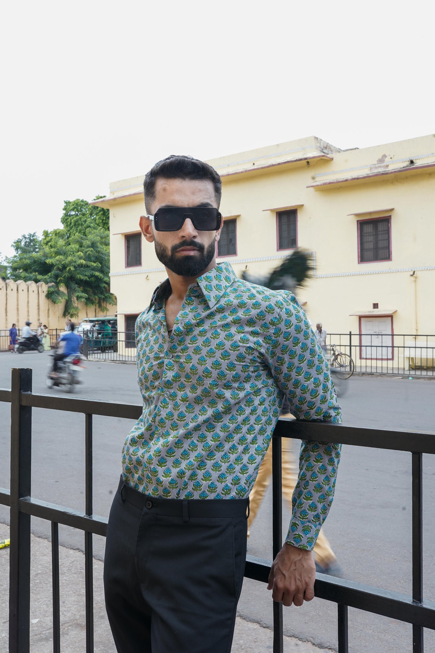 Green - blue Block Printed mens shirt