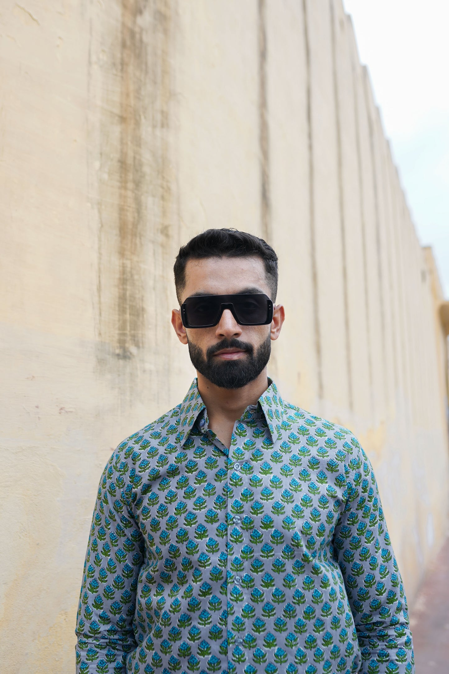 Green - blue Block Printed mens shirt
