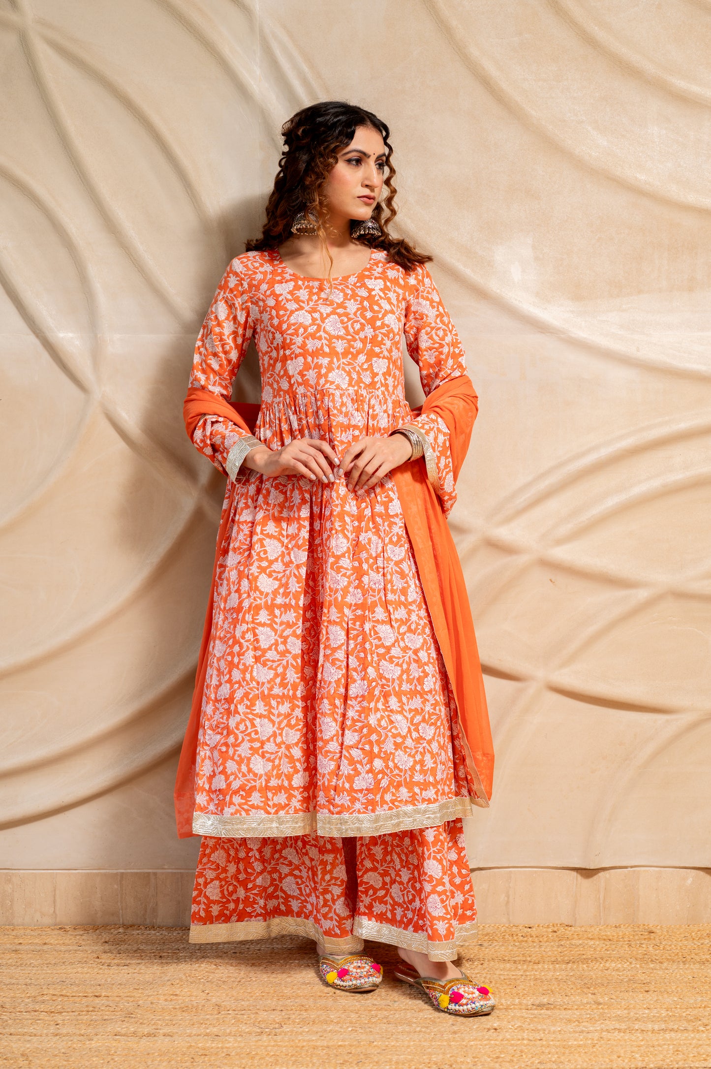 Orange Hand Block Print Sharara set