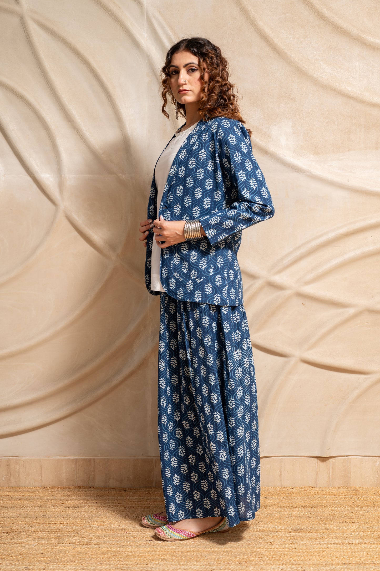 Indigo Skirt With Jacket Set