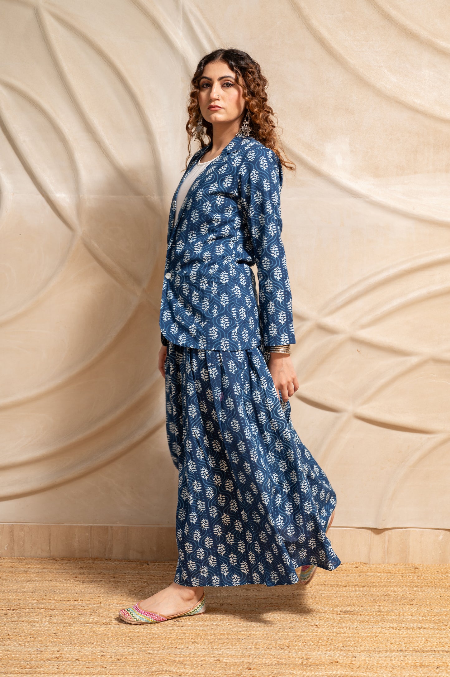 Indigo Skirt With Jacket Set
