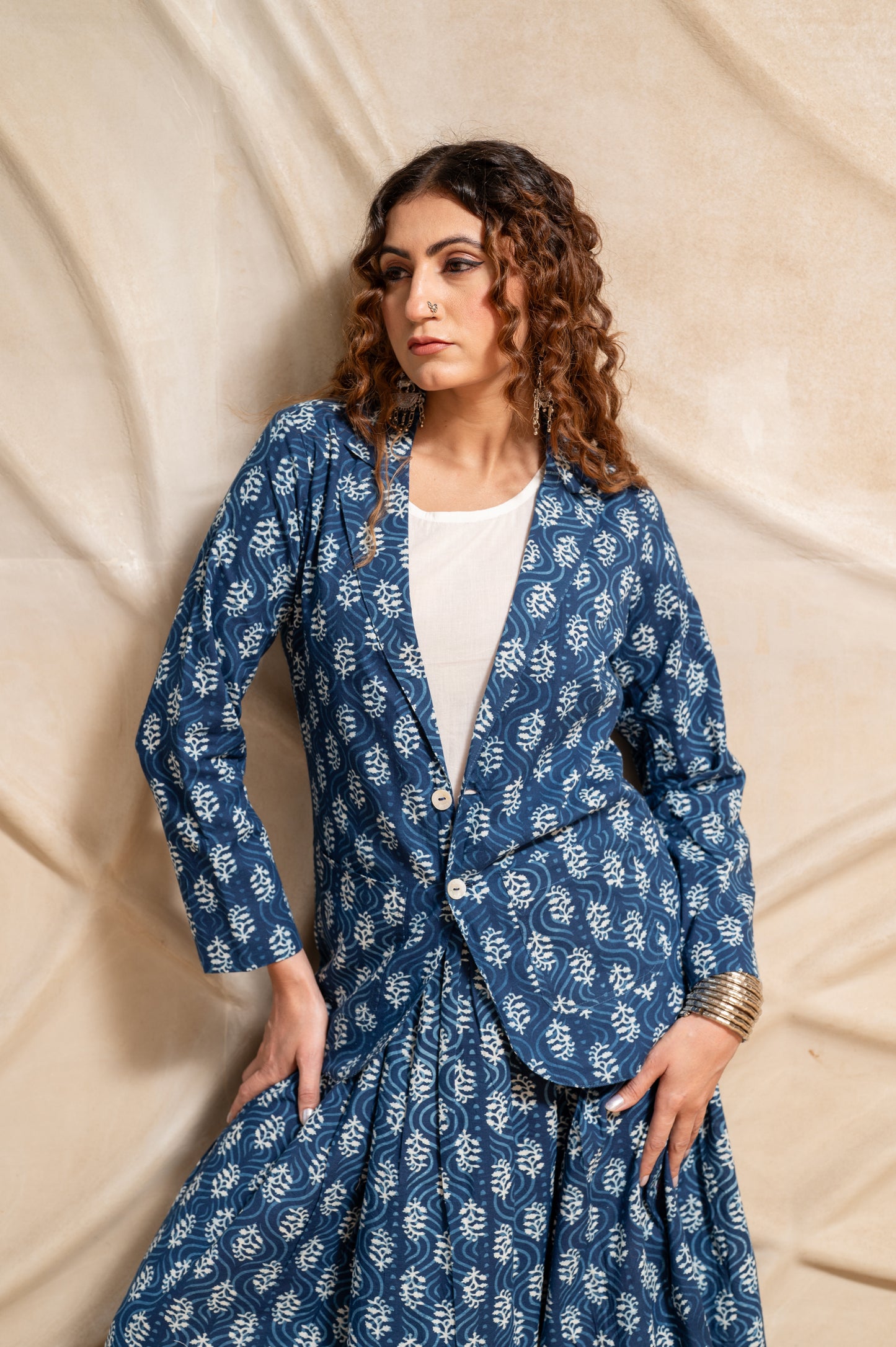 Indigo Skirt With Jacket Set