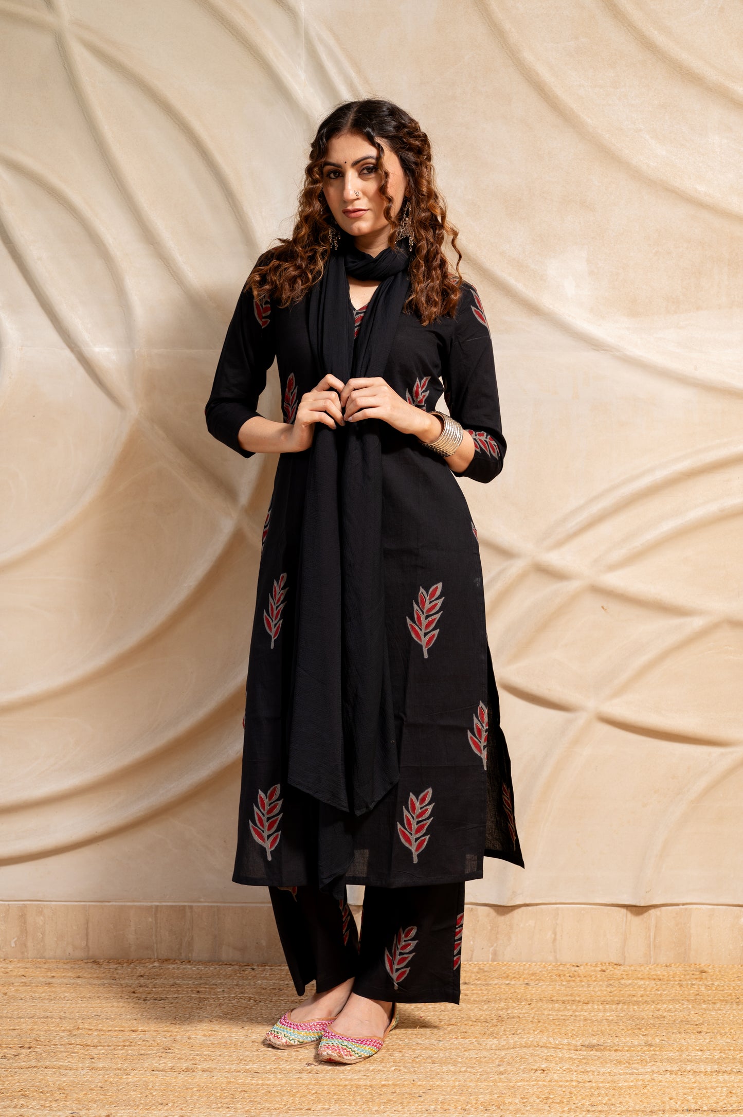 Black Hand Block Printed cotton Suit Set