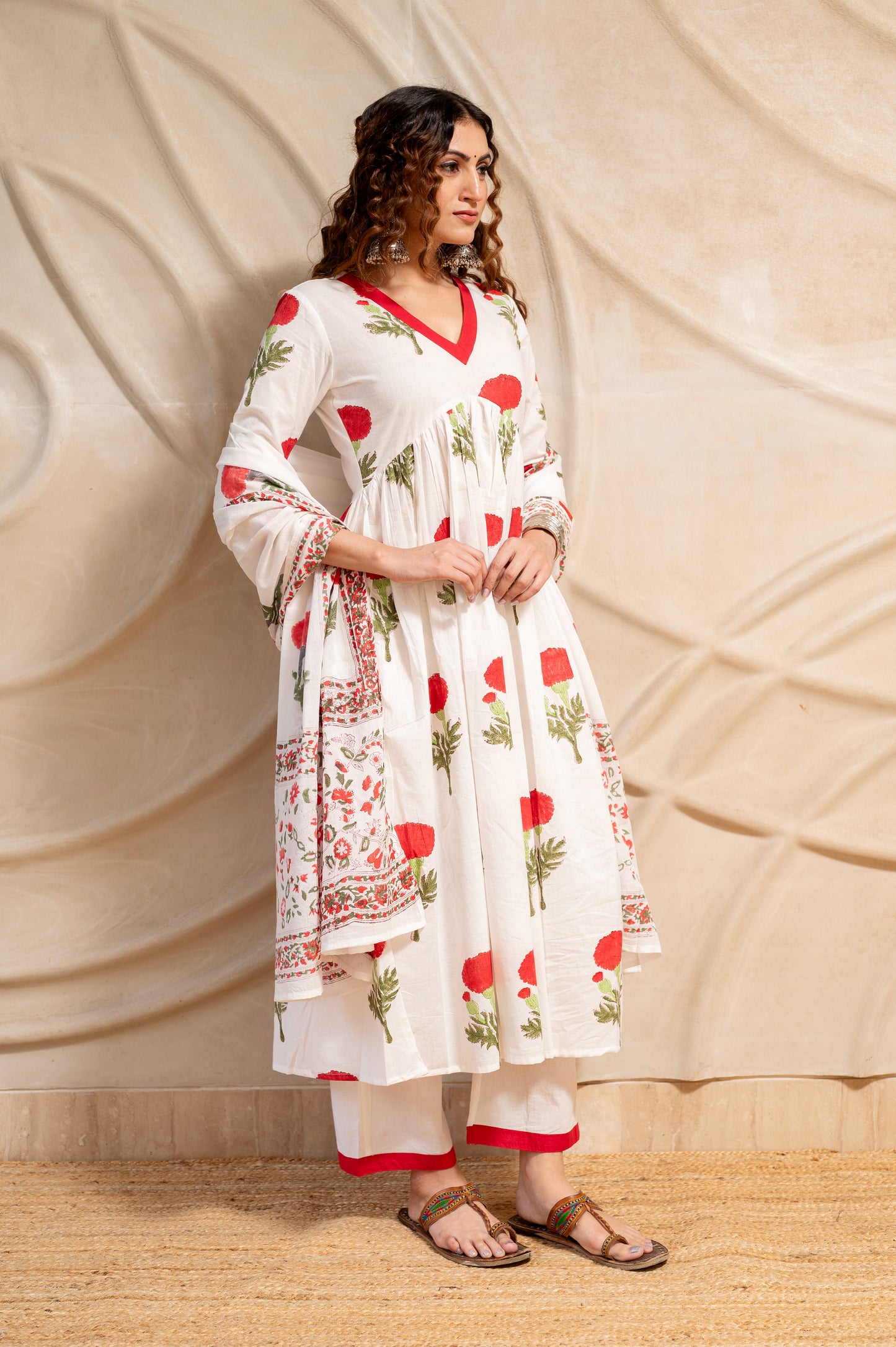 White Block Printed Anarkali Suit Set (Set of 3)