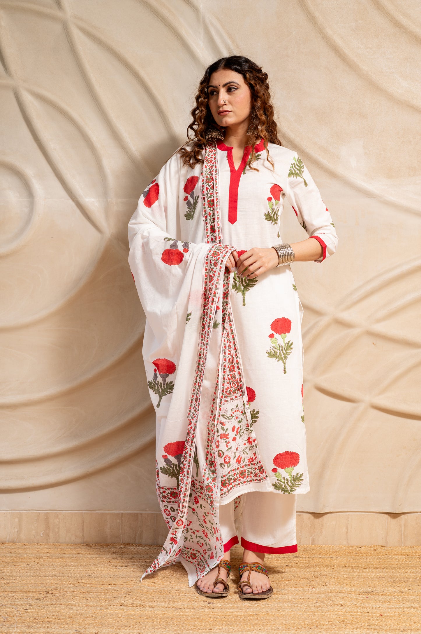 White Block Printed Anarkali Suit Set (Set of 3)
