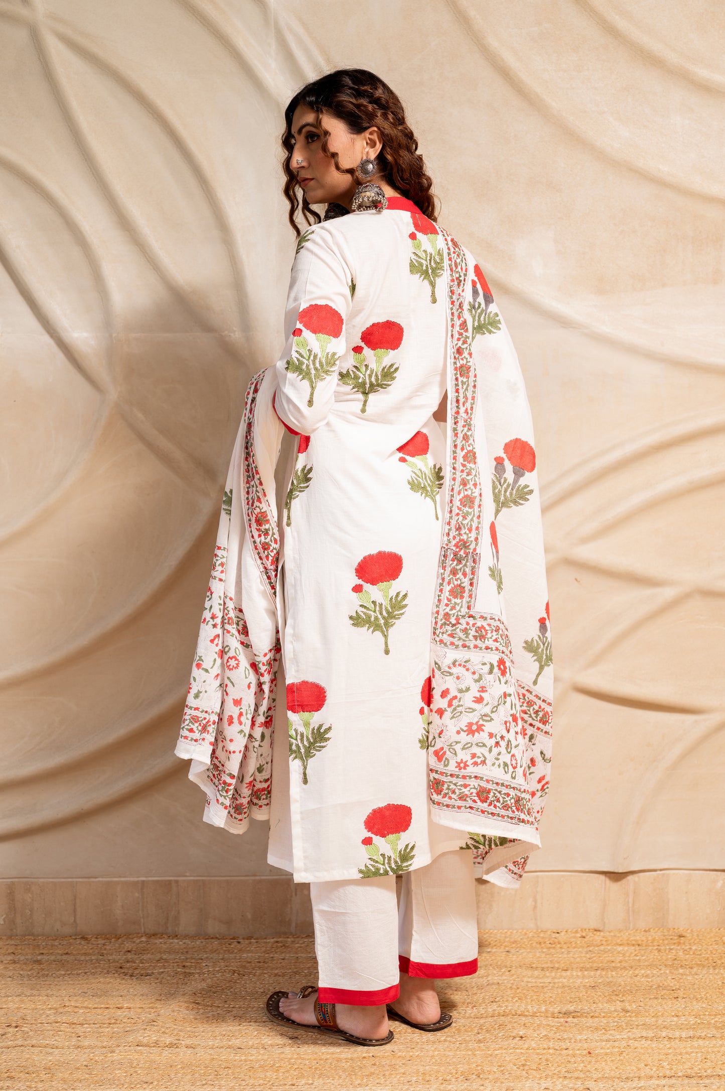 White Mughal Print Suit Set ( Set of 3 )