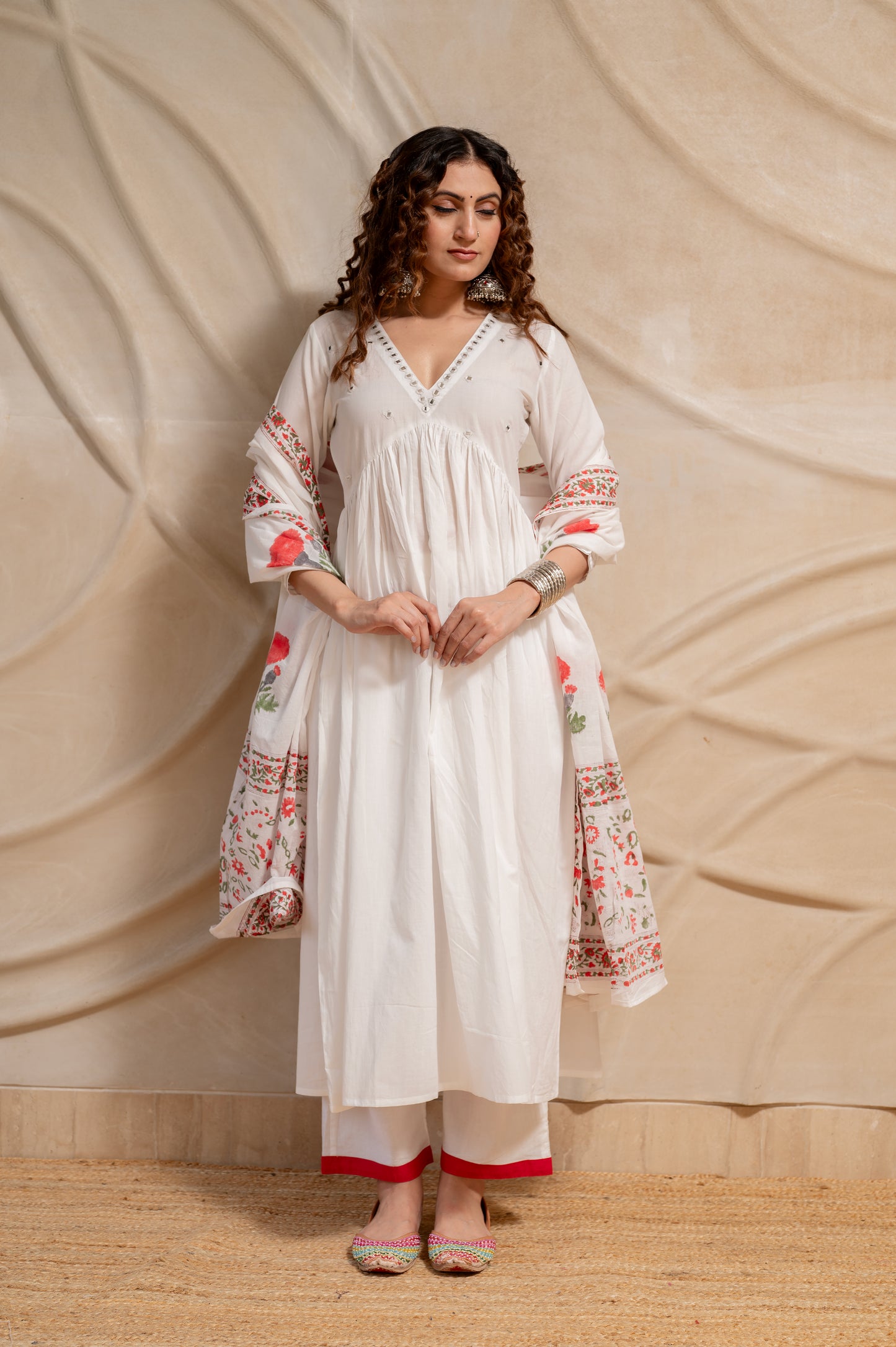 White Anarkali Suit Set ( Set of 3 )
