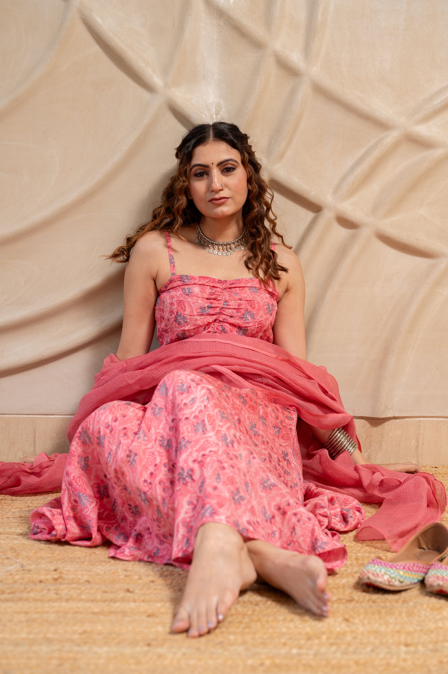 Pink Floral Suit Set in MulMul ( Set of 3 )