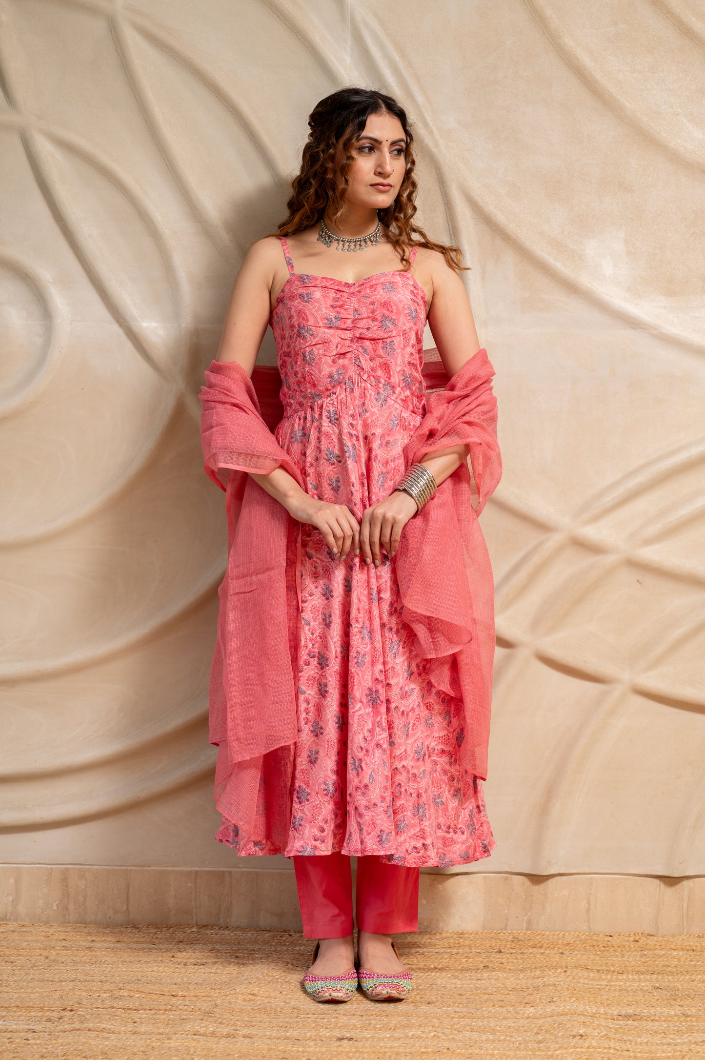 Pink Floral Suit Set in MulMul ( Set of 3 )