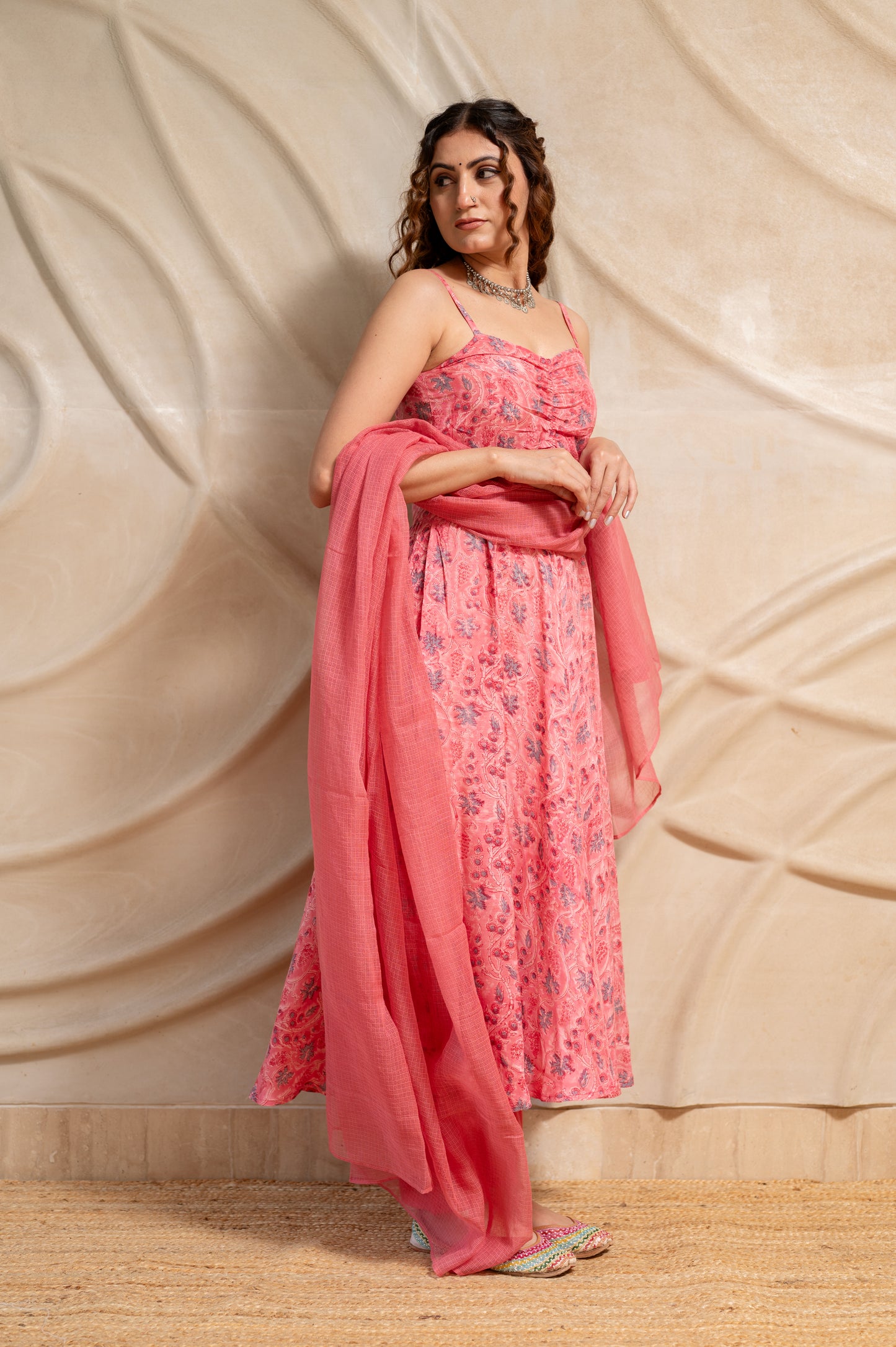 Pink Floral Suit Set in MulMul ( Set of 3 )