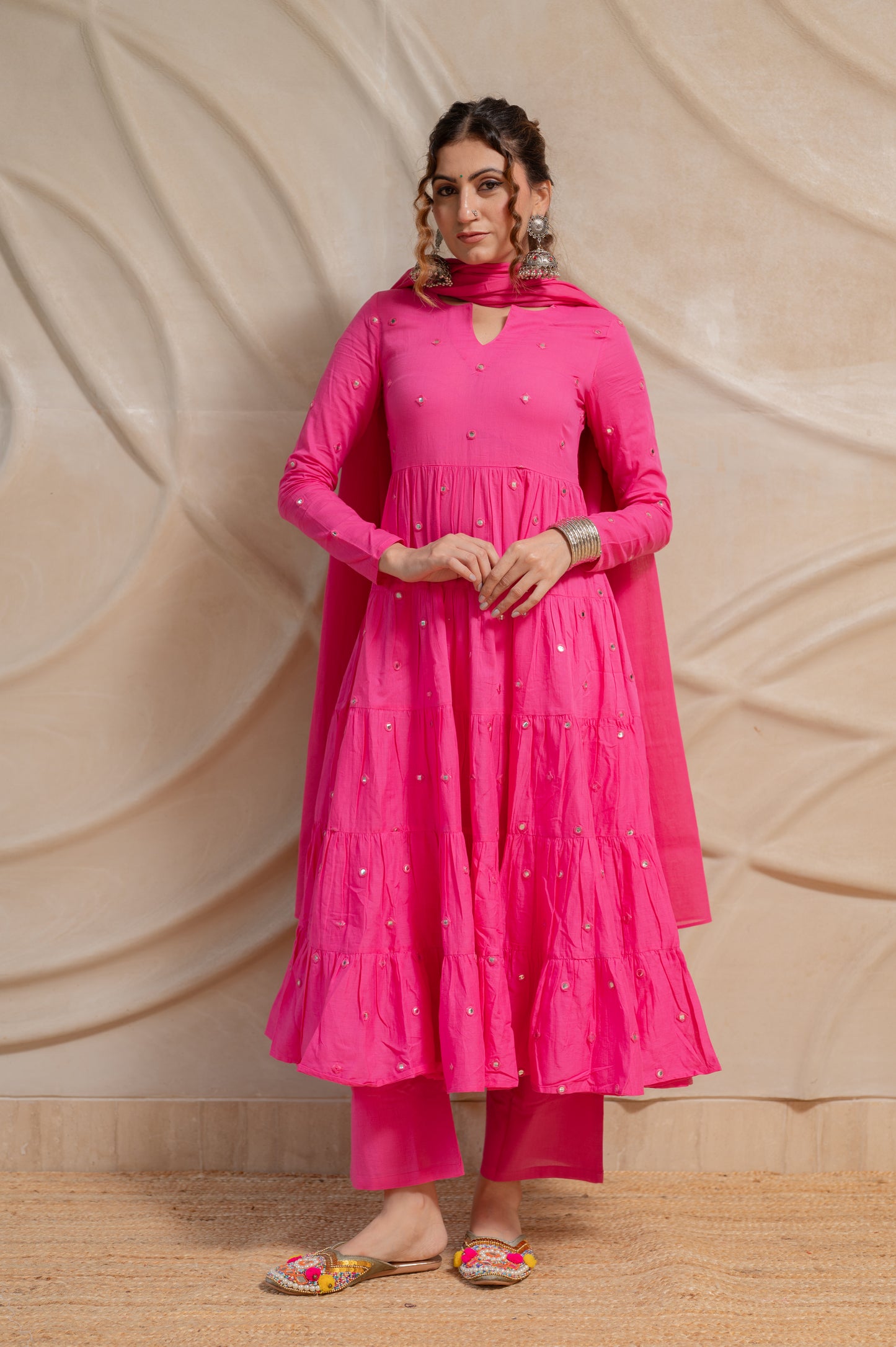 Pink Mirror Work Cotton Suit- Set of 3