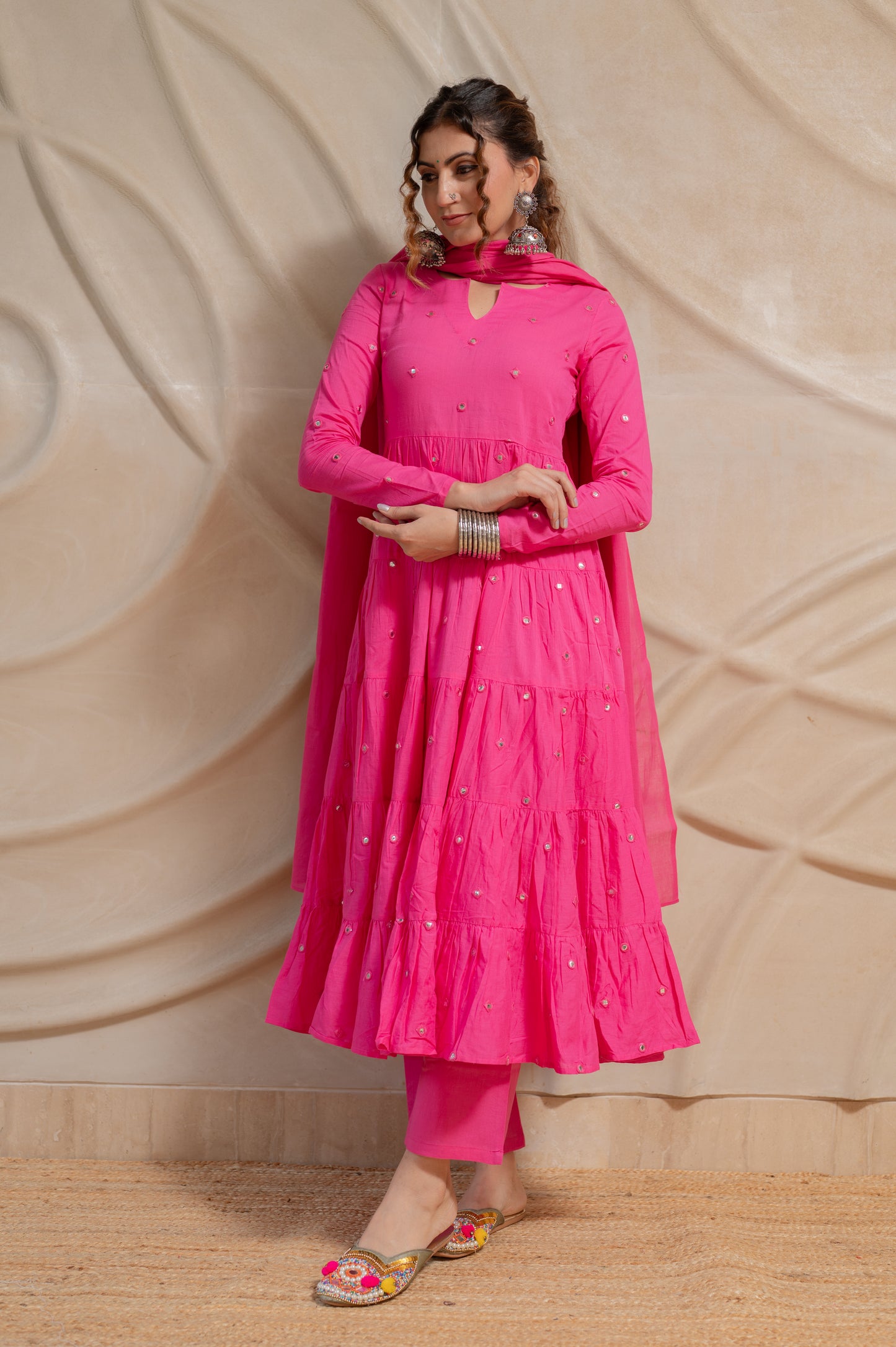 Pink Mirror Work Cotton Suit- Set of 3