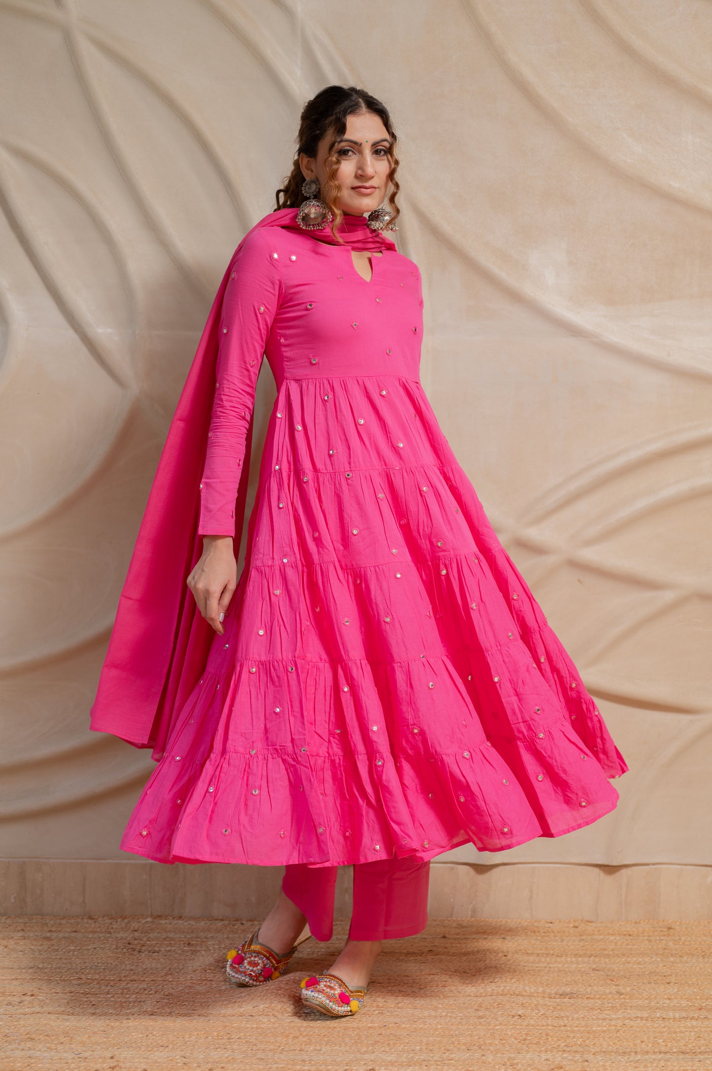 Pink Mirror Work Cotton Suit- Set of 3