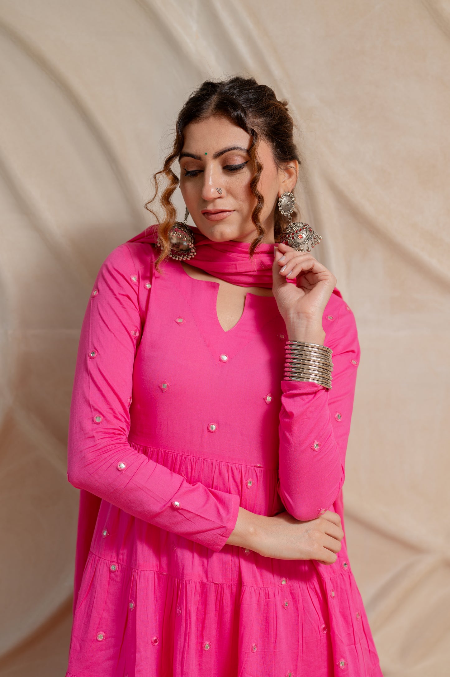 Pink Mirror Work Cotton Suit- Set of 3