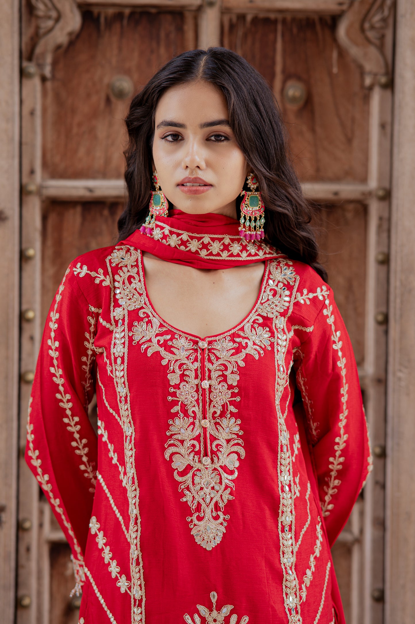 Ruby Red Embroidered Palazzo Set