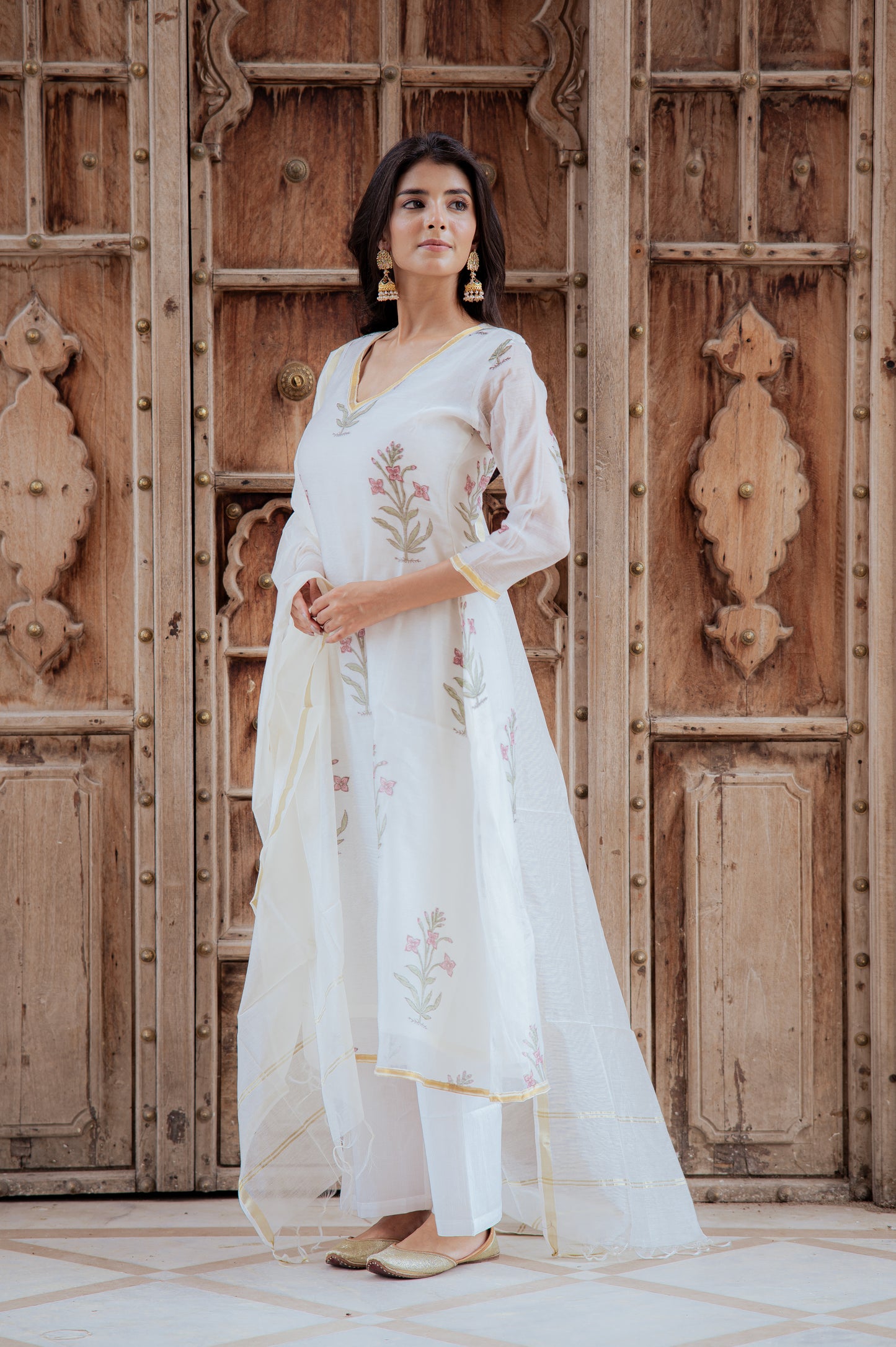 Floral White Chanderi Suit Set