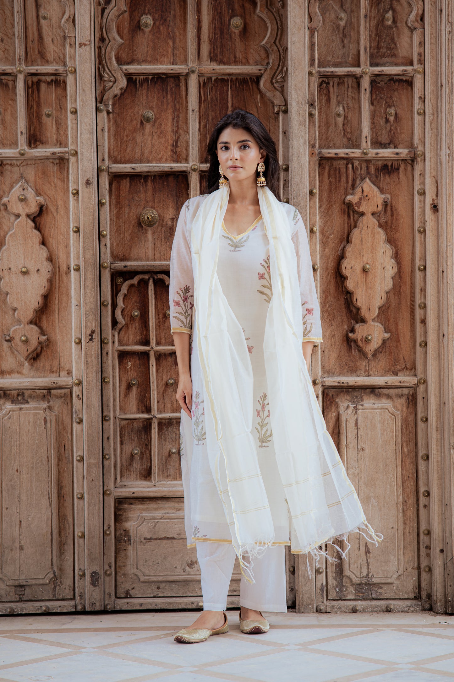 Floral White Chanderi Suit Set