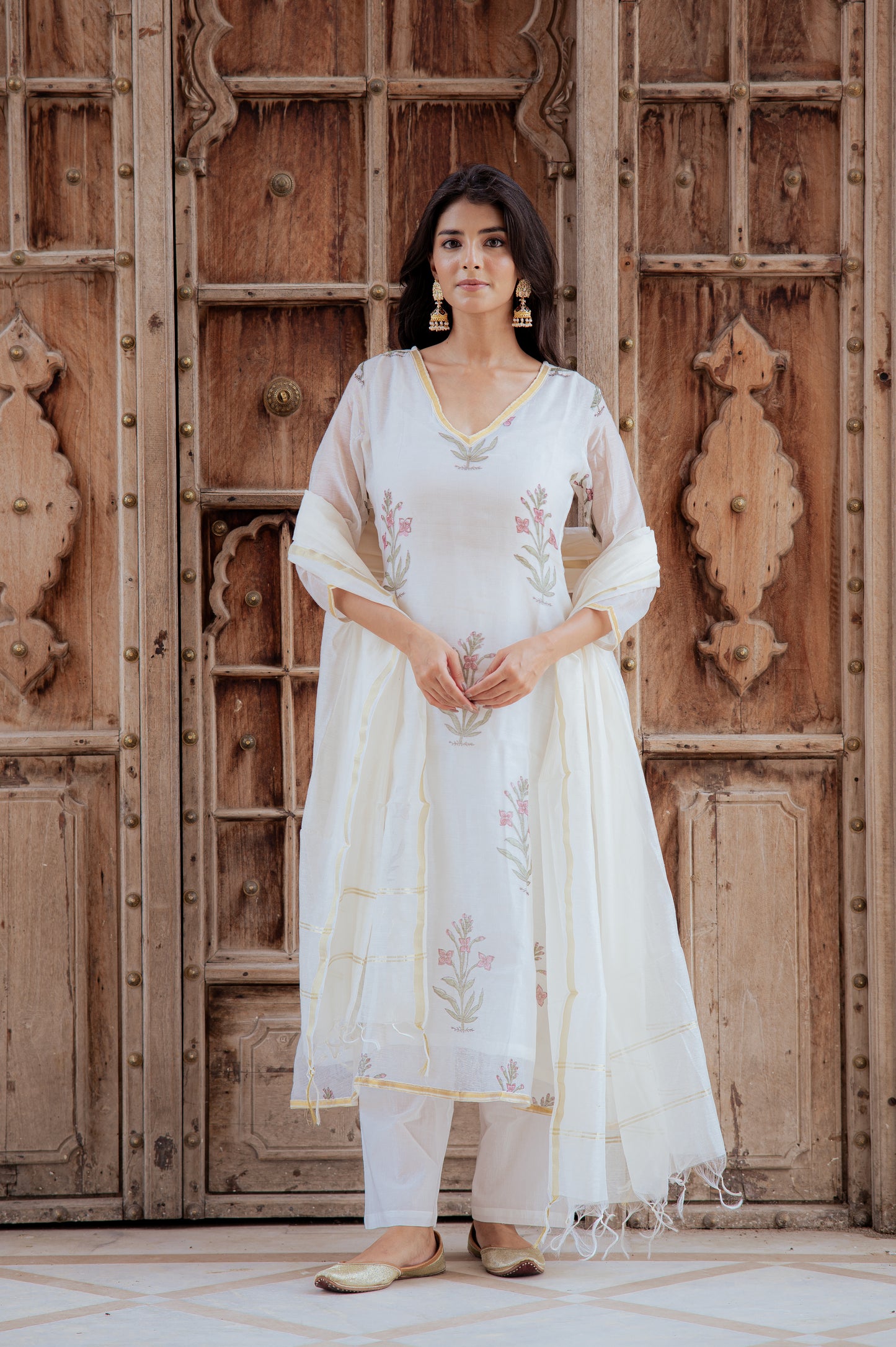 Floral White Chanderi Suit Set