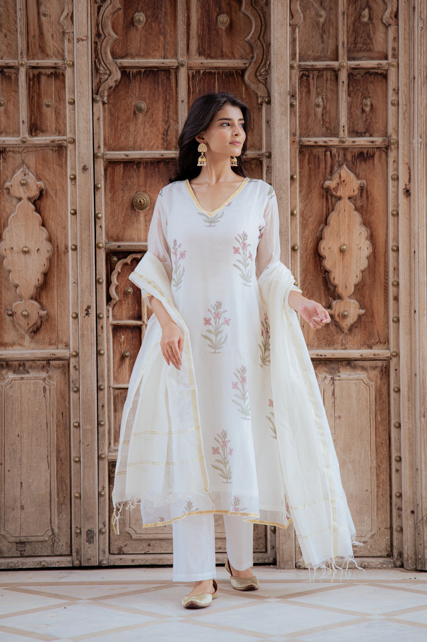 Floral White Chanderi Suit Set