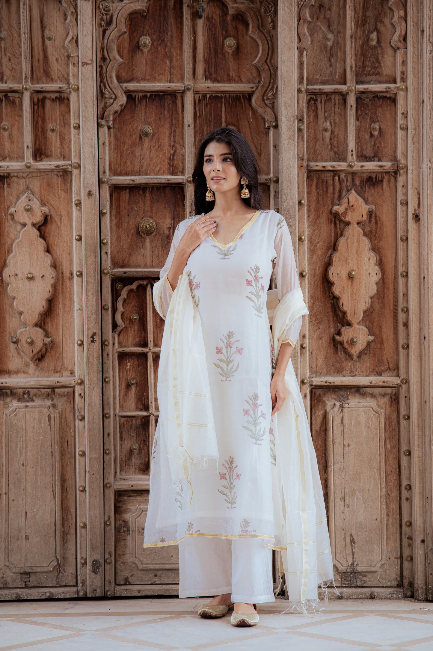 Floral White Chanderi Suit Set
