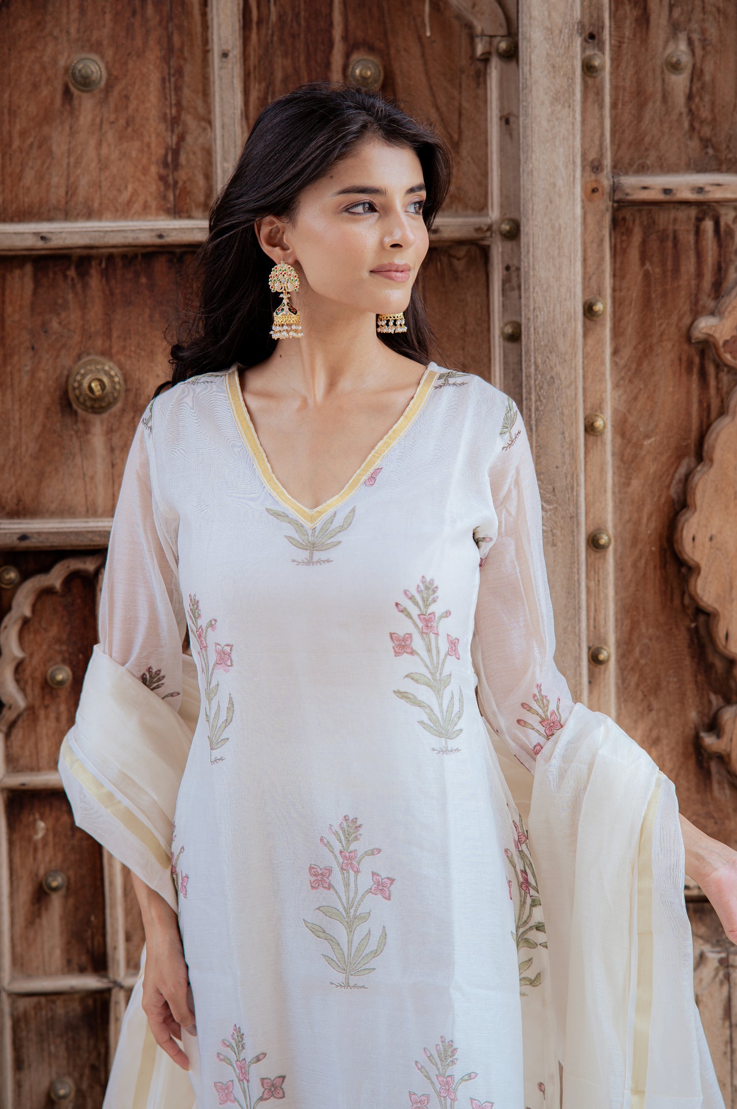 Floral White Chanderi Suit Set