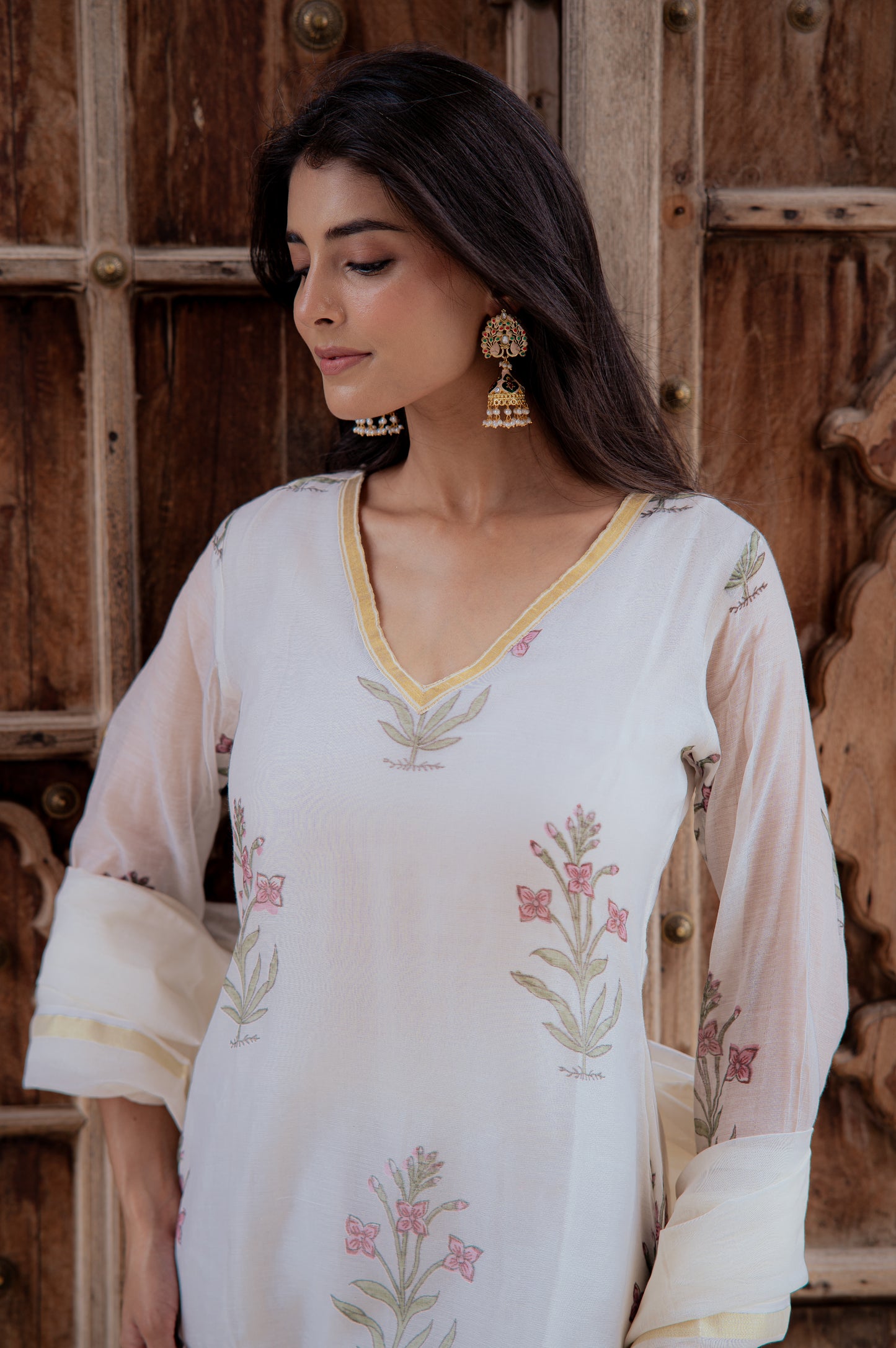 Floral White Chanderi Suit Set
