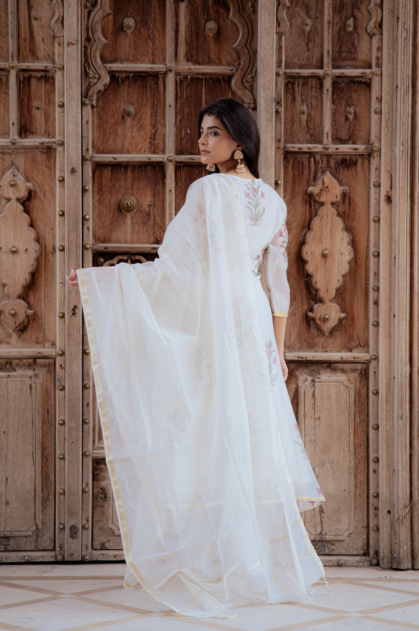 Floral White Chanderi Suit Set