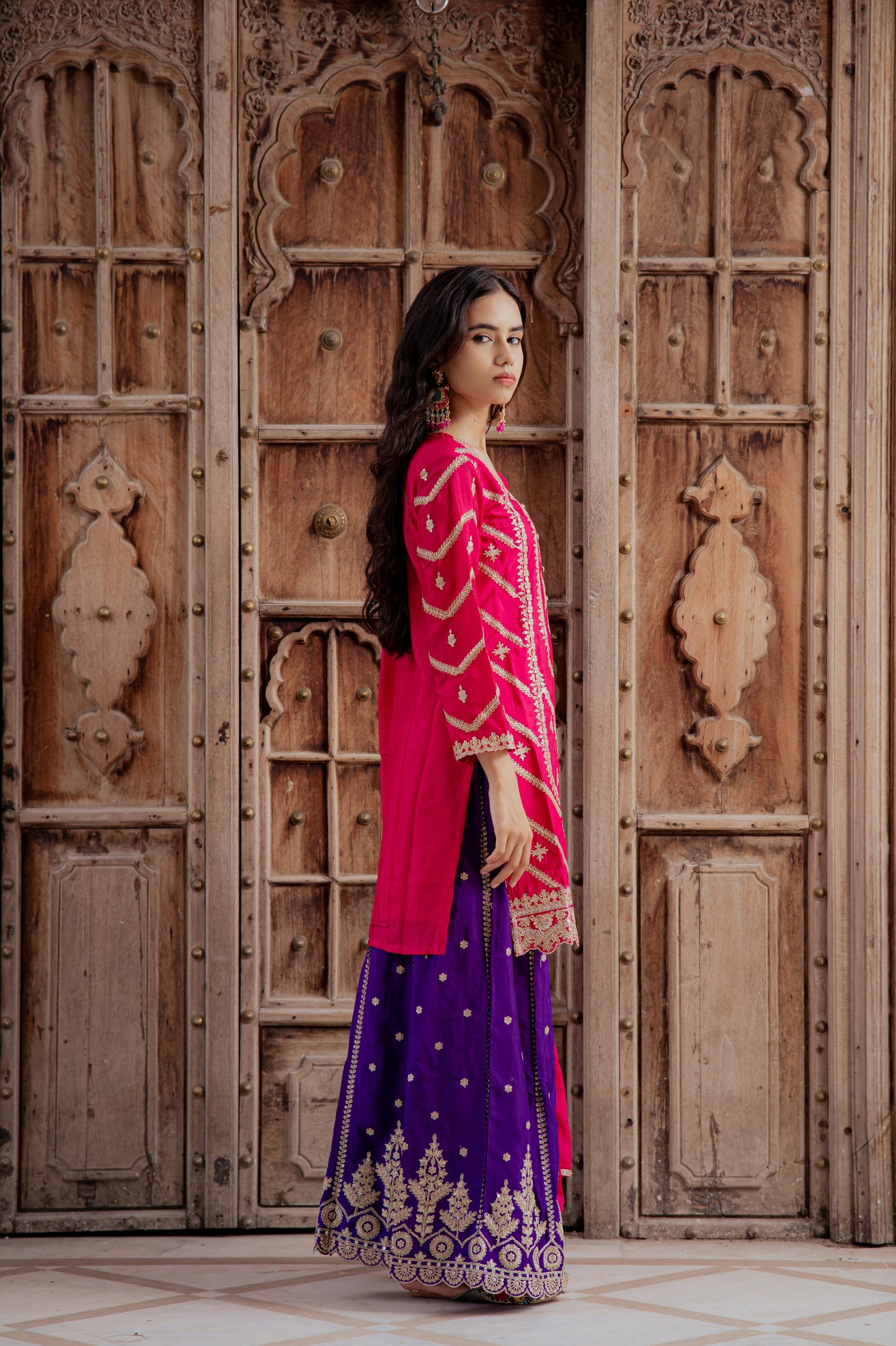 Meher Rani Pink and Royal Purple Embroidered Sharara Set