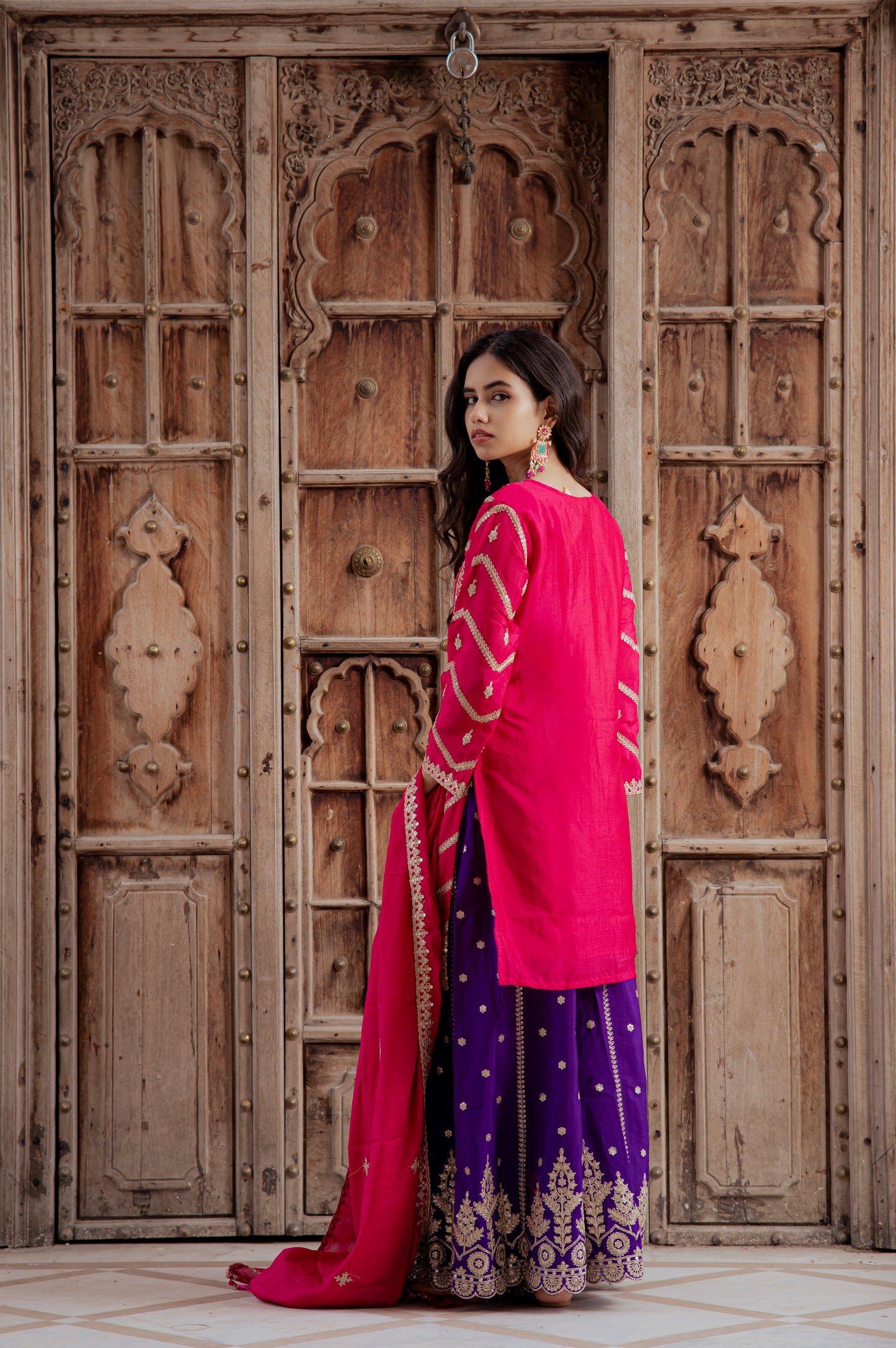 Meher Rani Pink and Royal Purple Embroidered Sharara Set