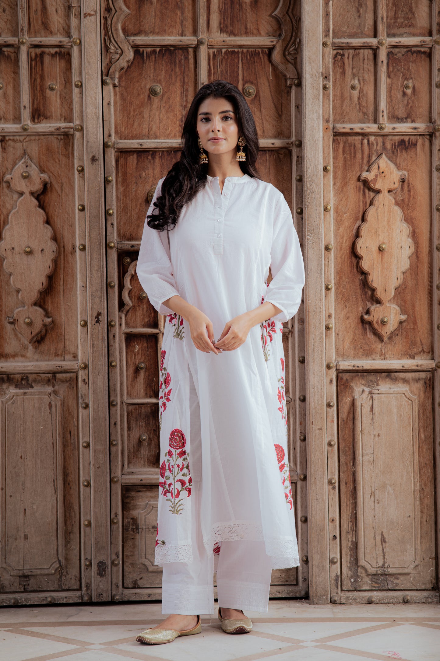 Swan White Suit Set with Mughal Block Print