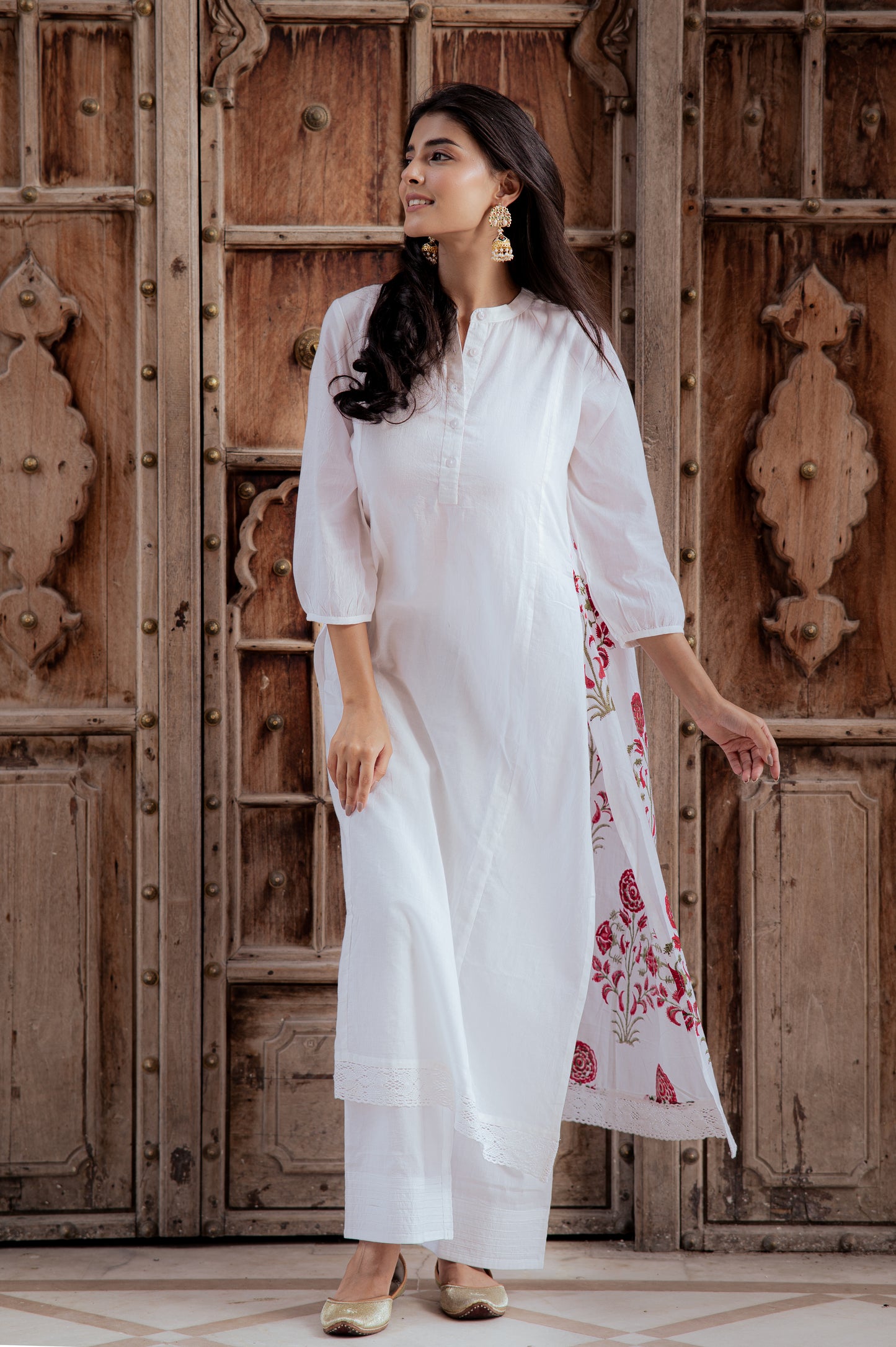 Swan White Suit Set with Mughal Block Print