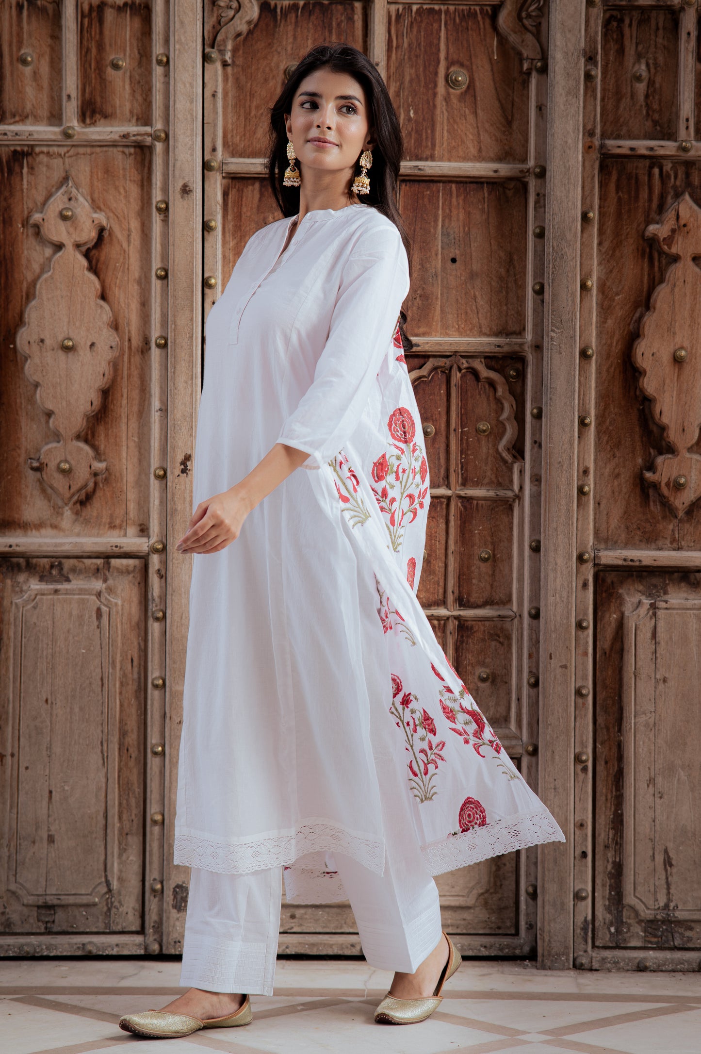 Swan White Suit Set with Mughal Block Print
