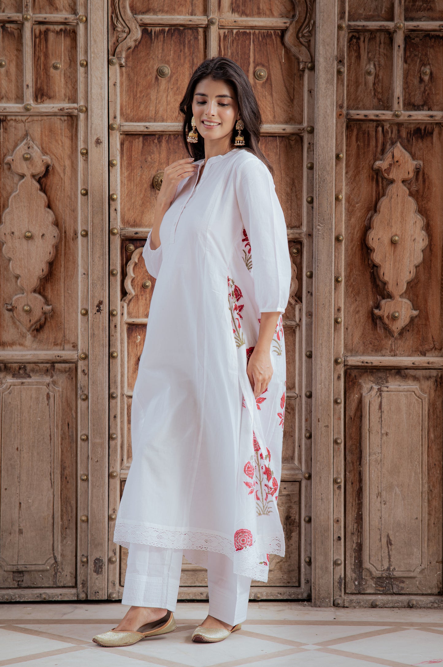 Swan White Suit Set with Mughal Block Print